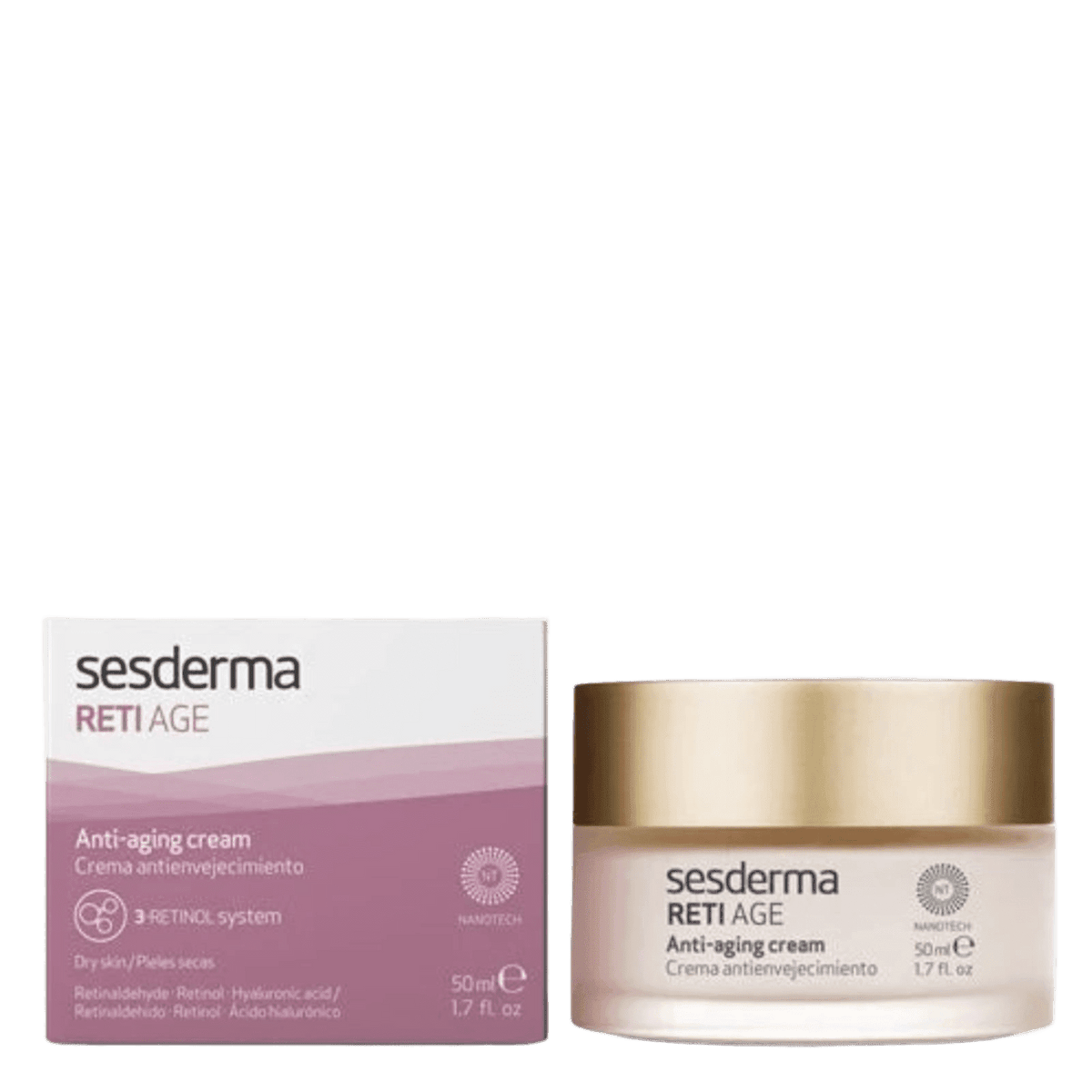 Sesderma Reti Age Anti-aging cream shown with its outer packaging box on the left and the cream jar with a metallic gold lid on the right, set against a plain white background.