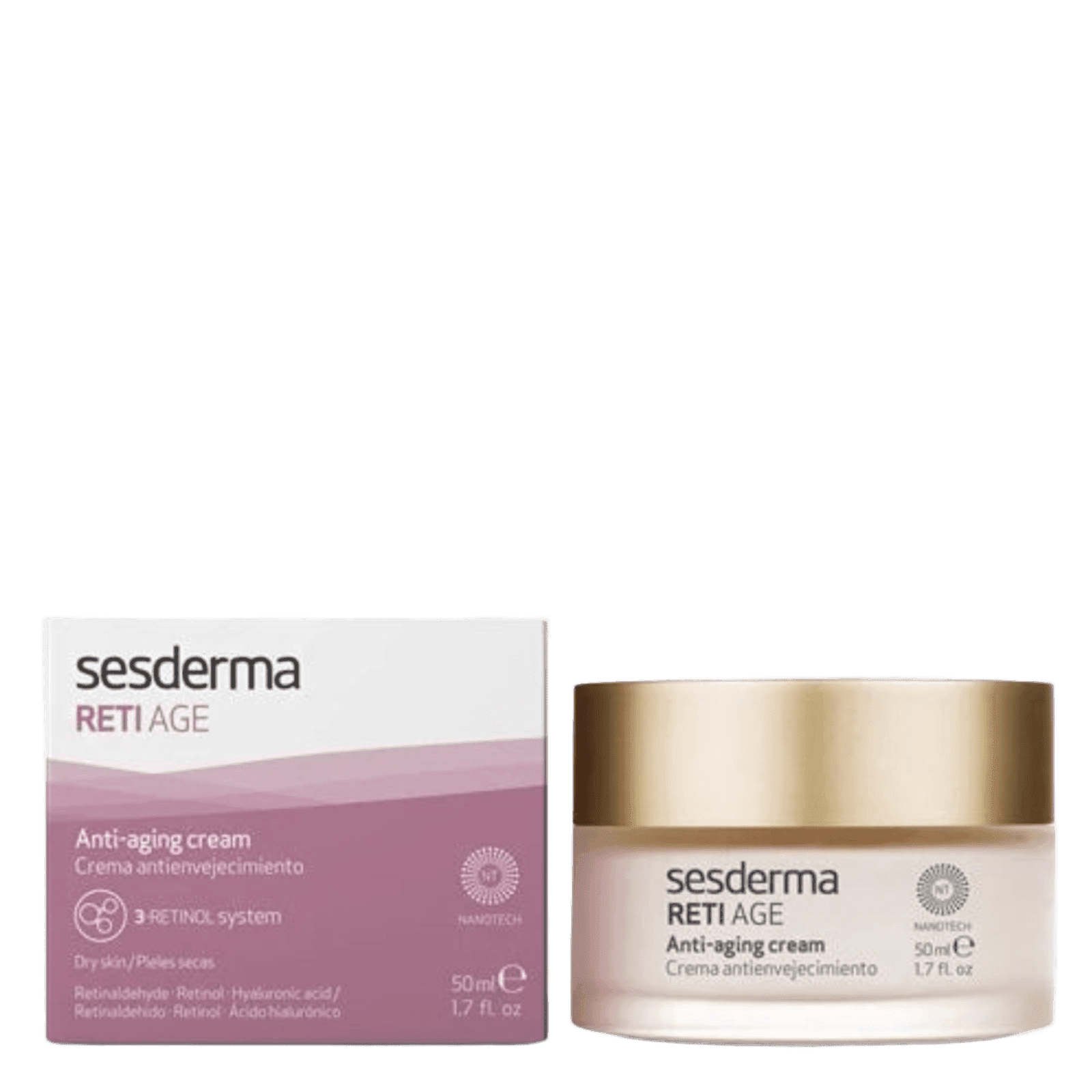 Sesderma Reti Age Anti-aging cream shown with its outer packaging box on the left and the cream jar with a metallic gold lid on the right, set against a plain white background.