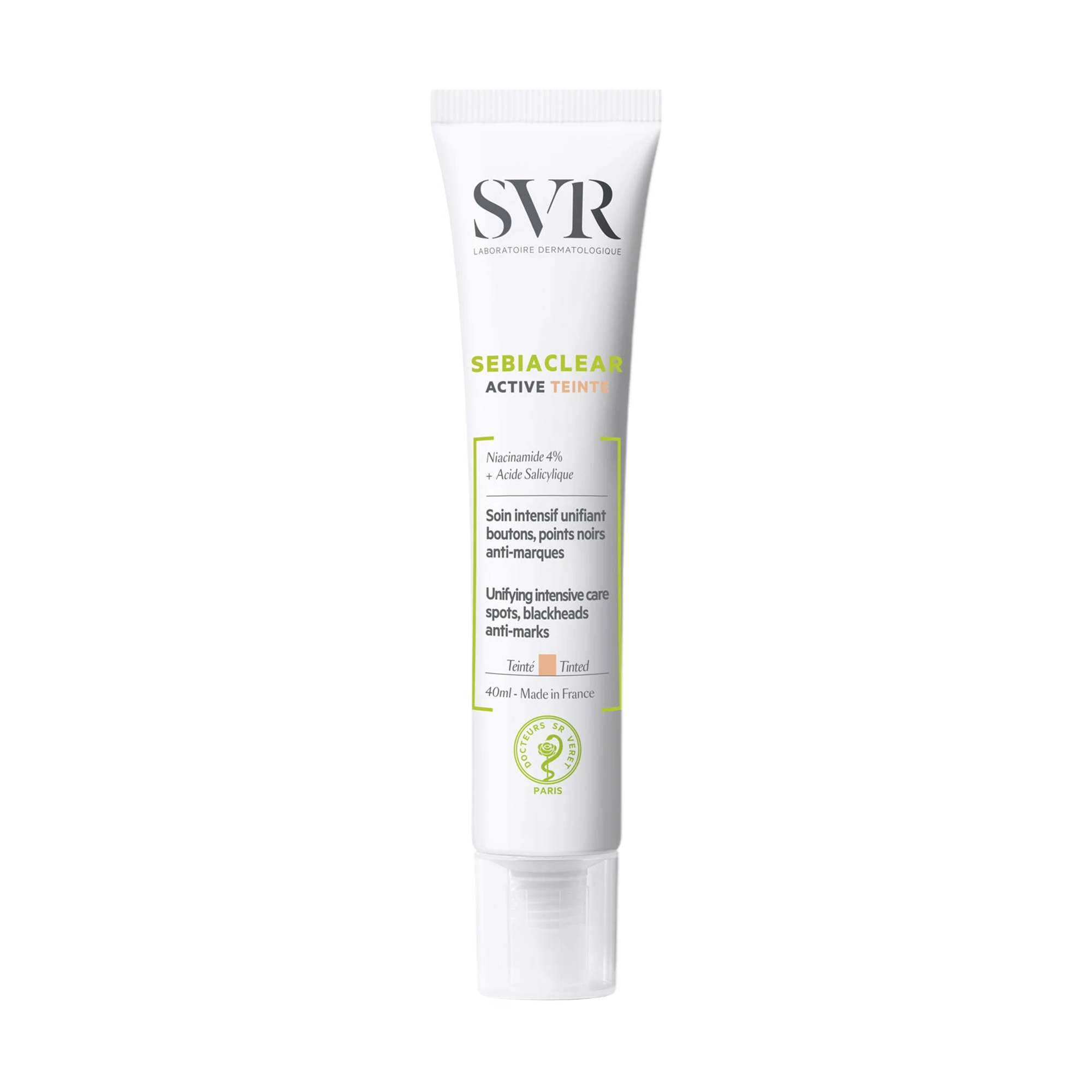 SVR Sebiaclear Gel for acne control in 40ml tube, designed to treat blemishes, unclog pores, and reduce redness for oily and combination skin.