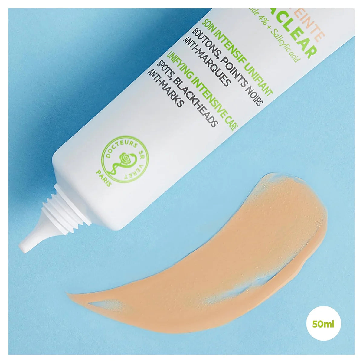 Tinted SVR Sebiaclear Active Gel swatch beside 50ml tube, showing creamy texture for acne treatment and skin tone correction.
