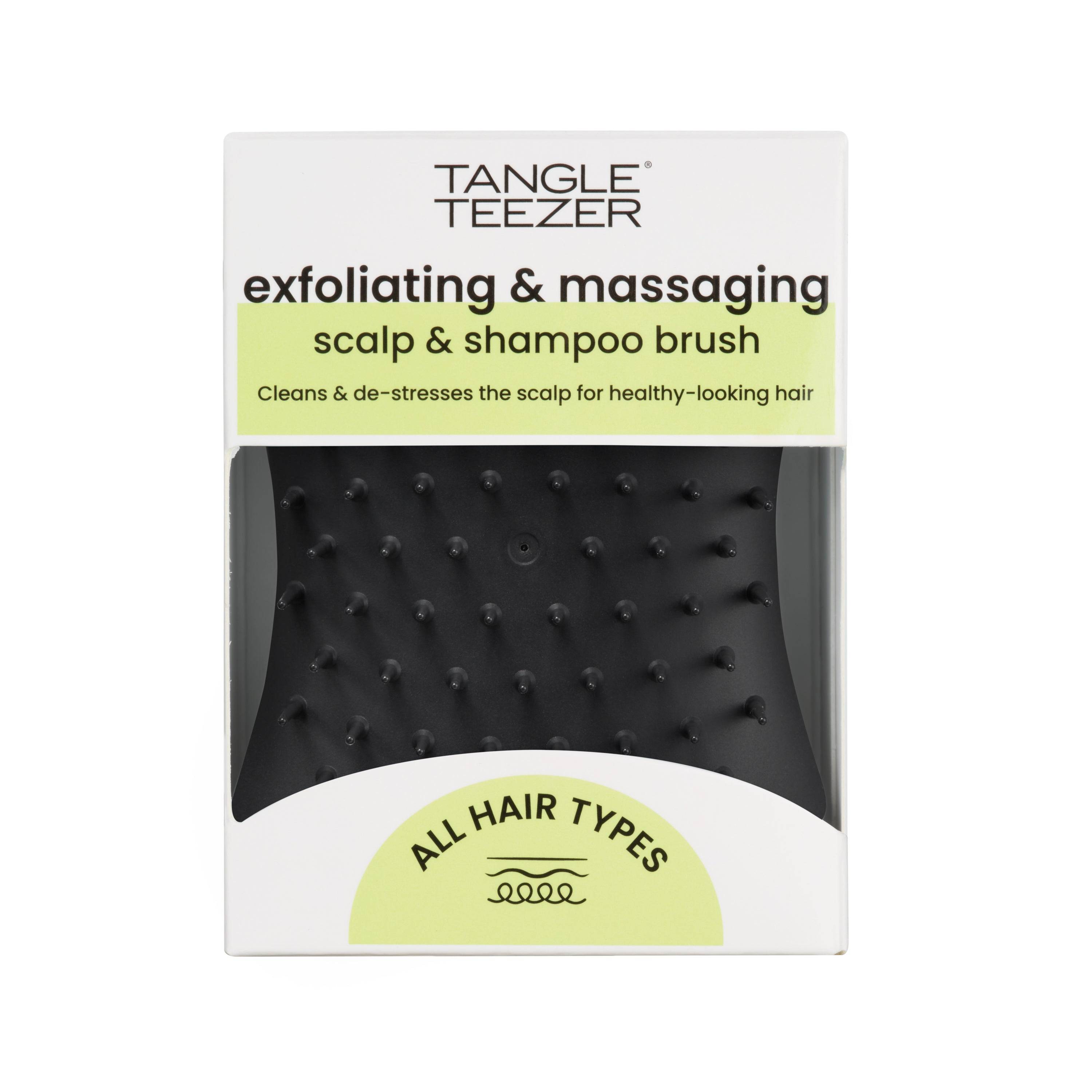 Tangle Teezer The Scalp Exfoliator and Massager in Onyx Black, designed for deep scalp cleansing and massage. Ideal for all hair types to remove buildup and stimulate circulation.