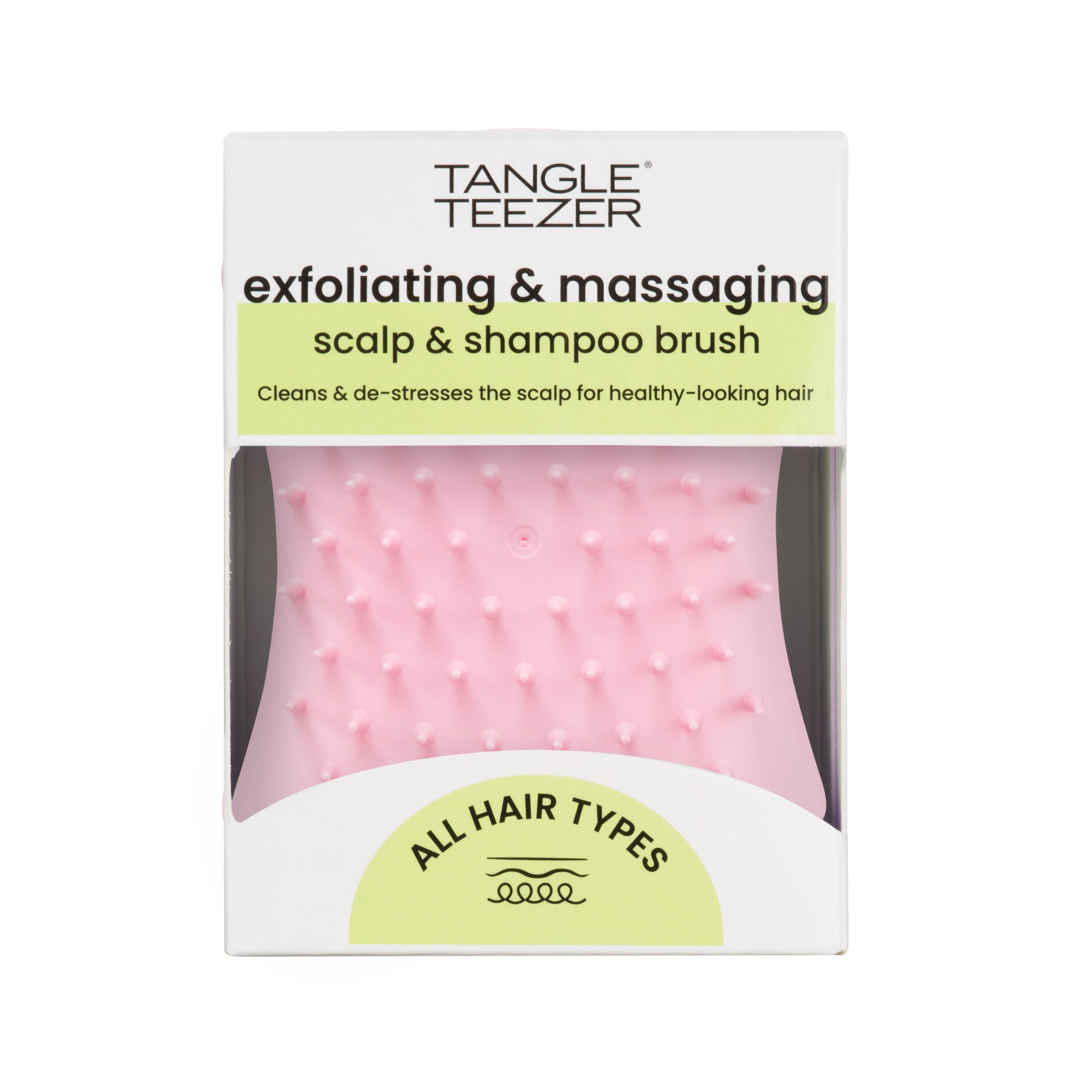 Tangle Teezer The Scalp Exfoliator and Massager in Pretty Pink, designed for all hair types. This tool gently exfoliates the scalp, removes buildup, and stimulates circulation for healthier hair.