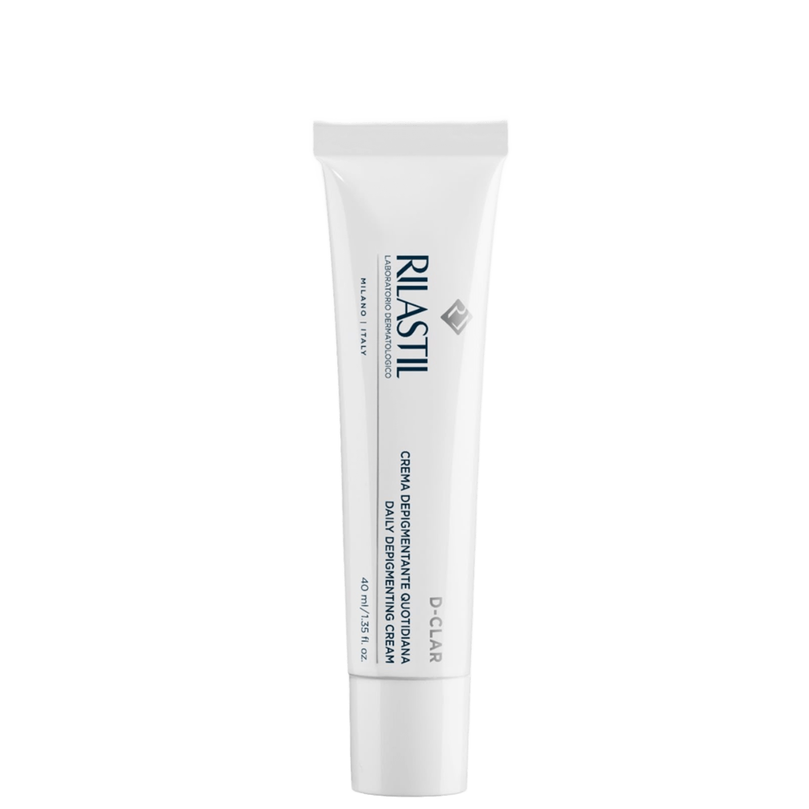 White tube of Rilastil D-clar depigmenting cream with blue and gray text, designed for reducing brown spots and hydrating skin