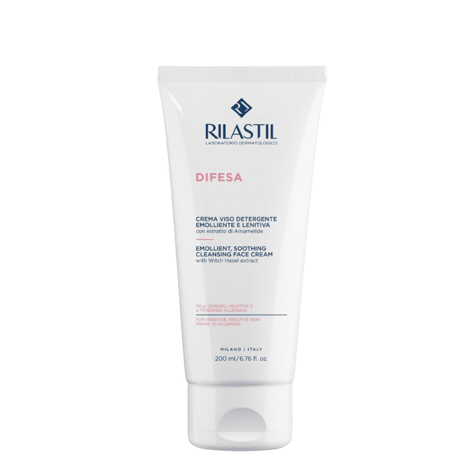 White tube of Rilastil soothing cleansing cream for sensitive skin with blue and pink text, 200 ml size, designed for gentle face cleansing