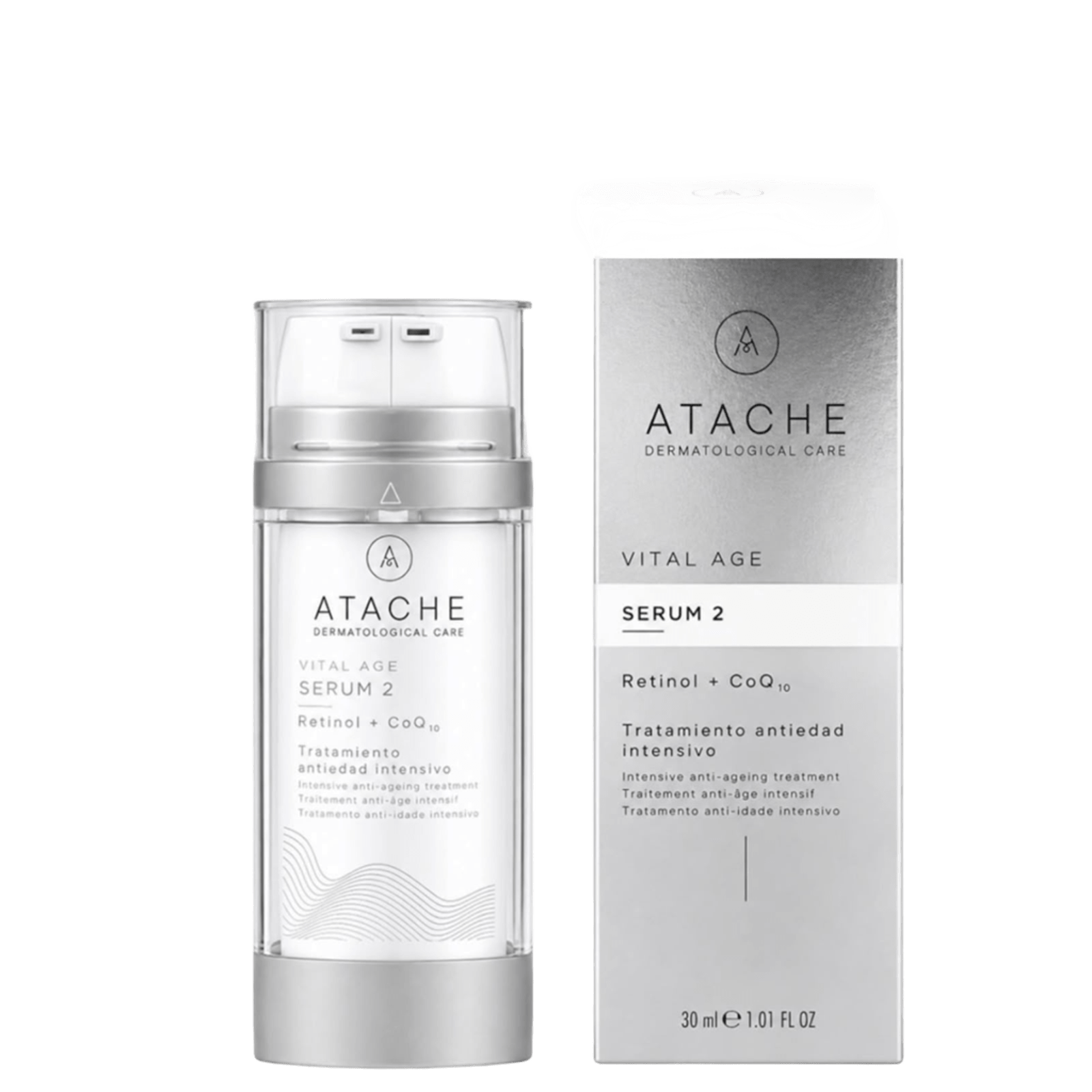 ATACHE Vital Age Serum 2 in a clear cylindrical bottle with a silver cap, featuring minimalist white and silver label design, 30 ml size