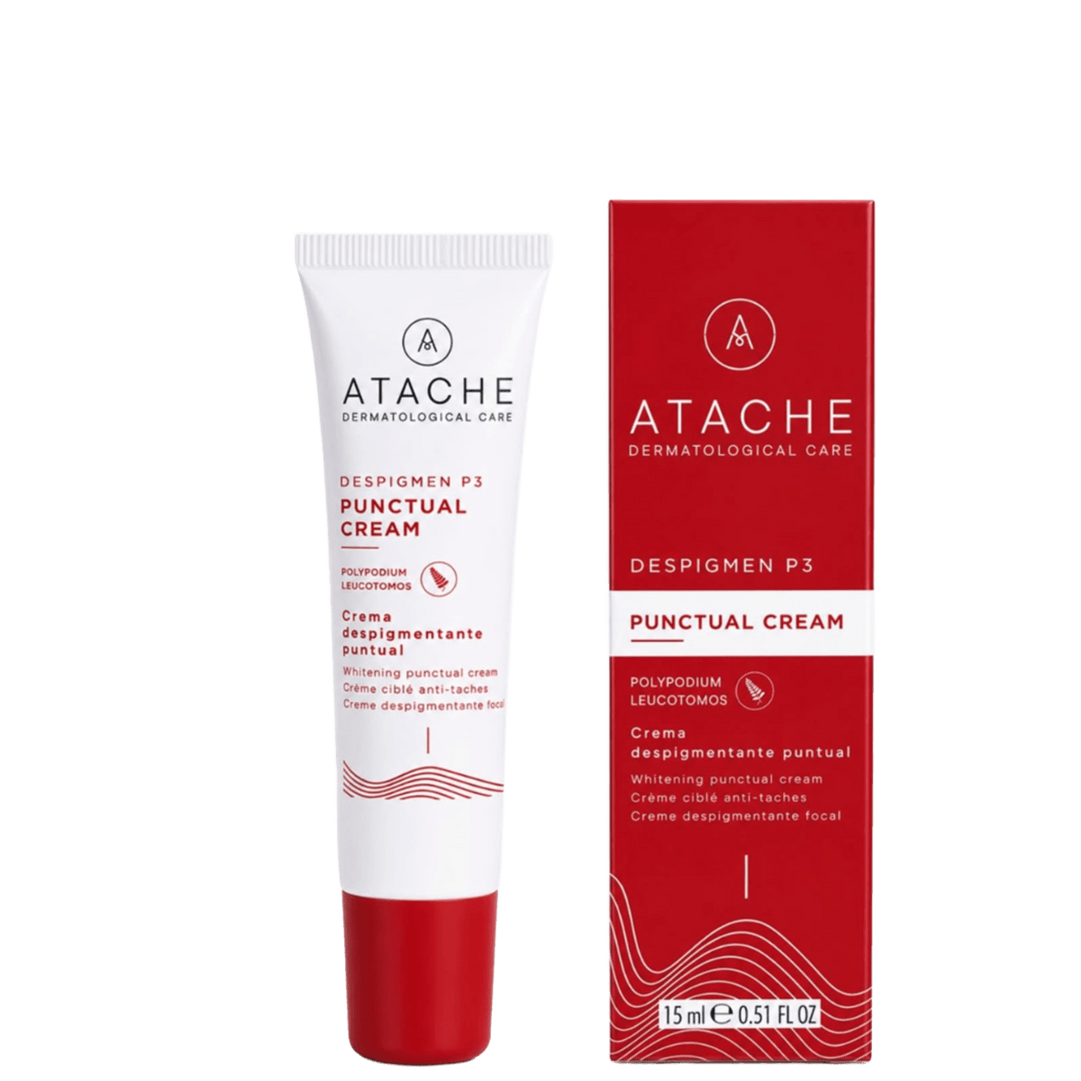 White tube of Atache Punctual Cream for dark spots with red and black text, next to red box packaging, designed for skin care treatment