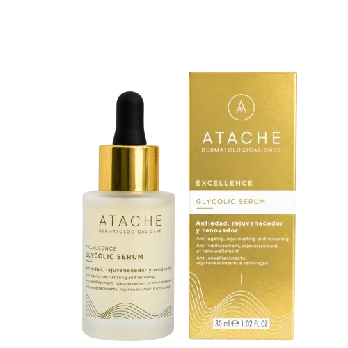 Atache Excellence Glycolic Serum for anti-aging skin care in a 30ml frosted glass bottle with black dropper, gold accents, and white label
