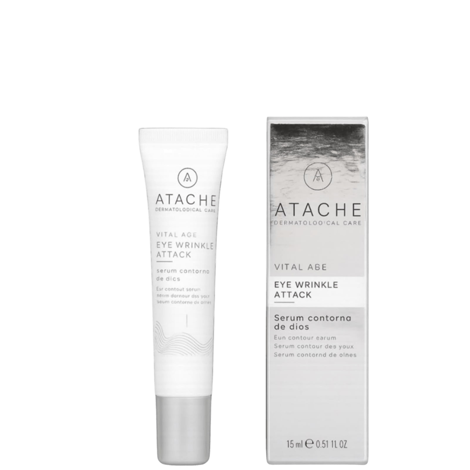White tube of ATACHE Vital Age Eye Wrinkle Attack serum with minimalist design and black text, alongside its matching box with abstract black and white artwork