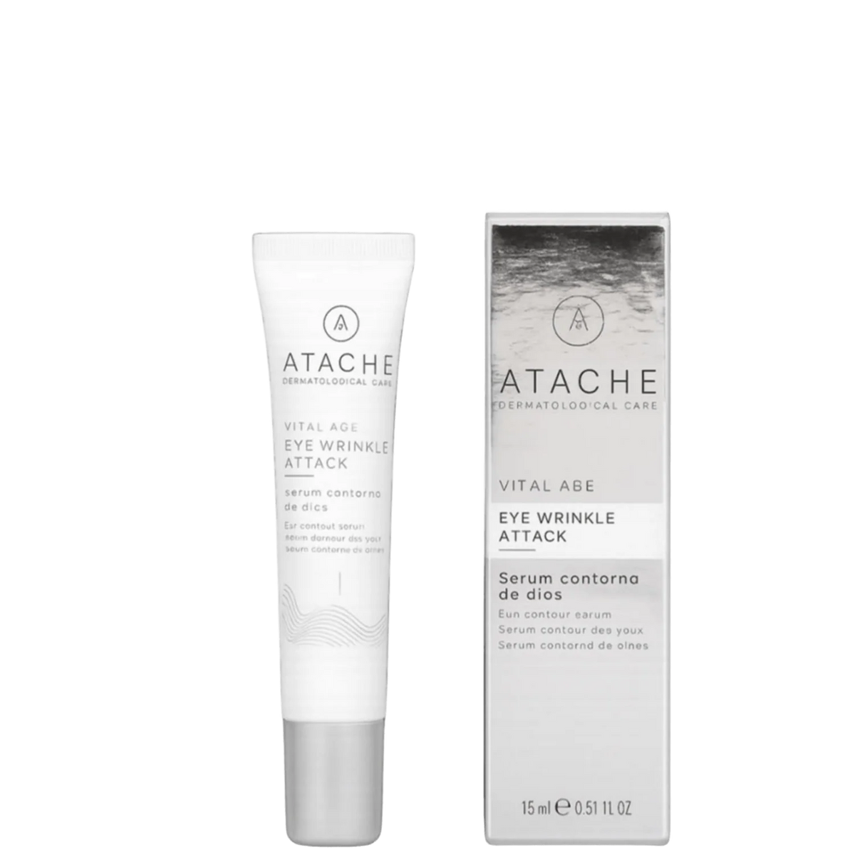 White skincare tube labeled ATACHE Vital Age Eye Wrinkle Attack with minimalist design and subtle wave pattern, next to matching box