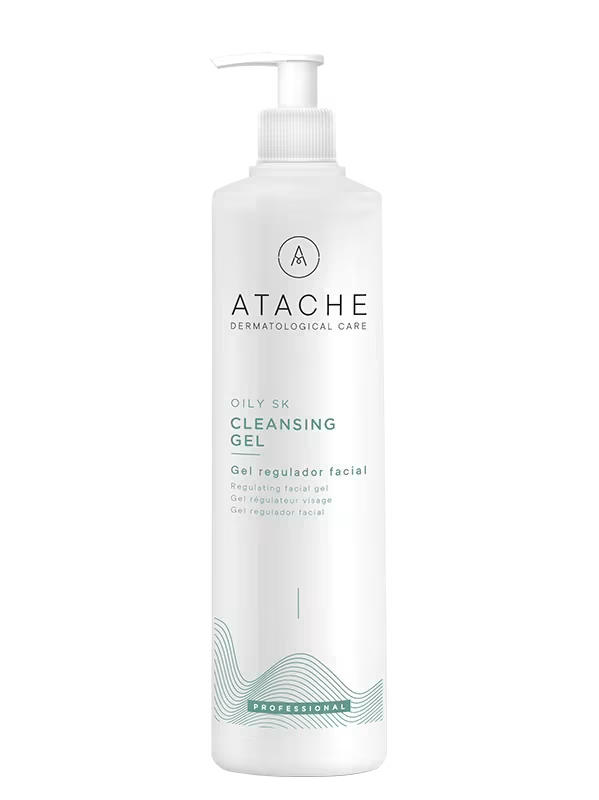 White bottle of Atache Oily SK Facial Cleansing Gel with pump dispenser, designed for oily skin, featuring minimalist label with teal accents