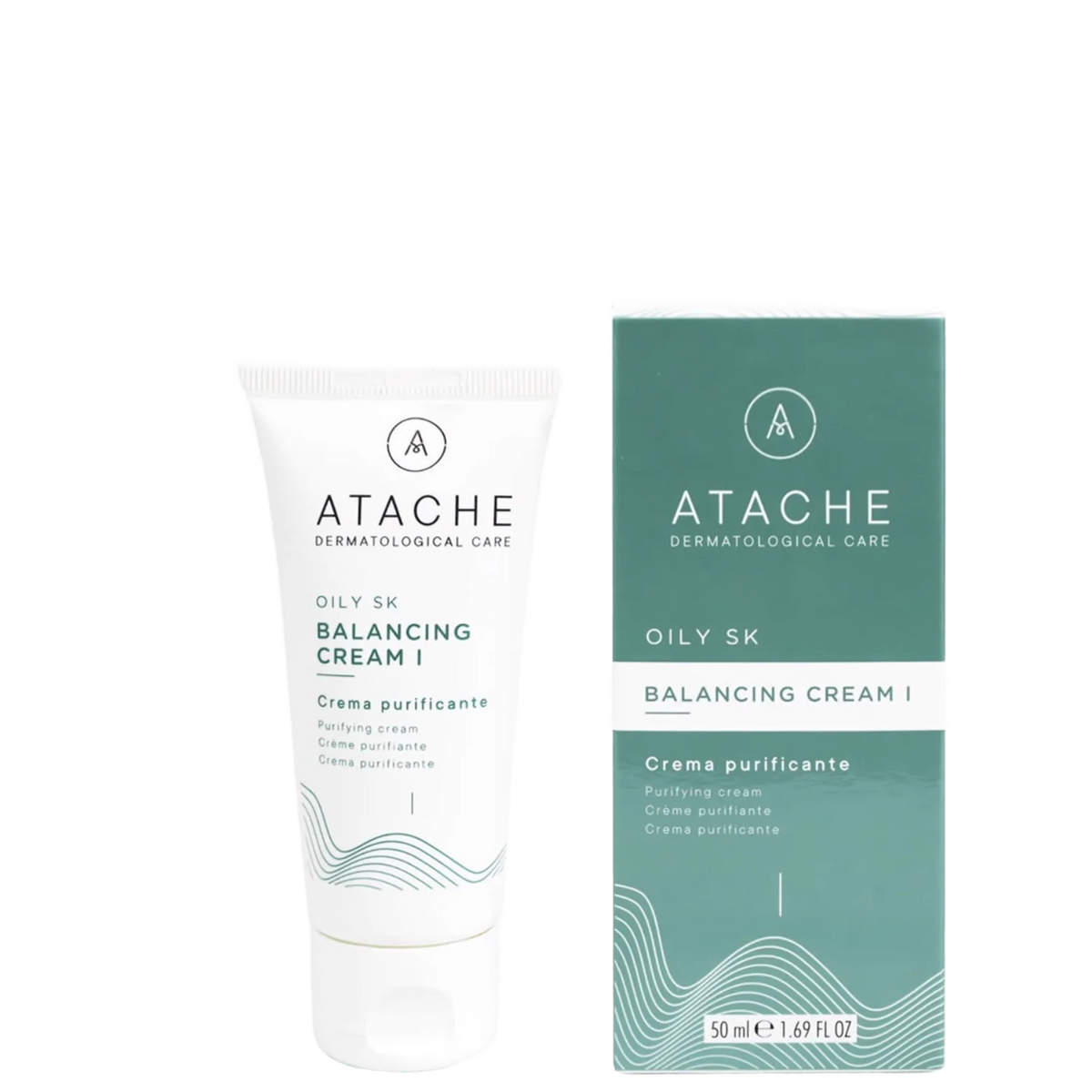 White skincare tube labeled Atache Oily SK Balancing Cream I with minimalist design and wave pattern, alongside teal box packaging, 50ml size