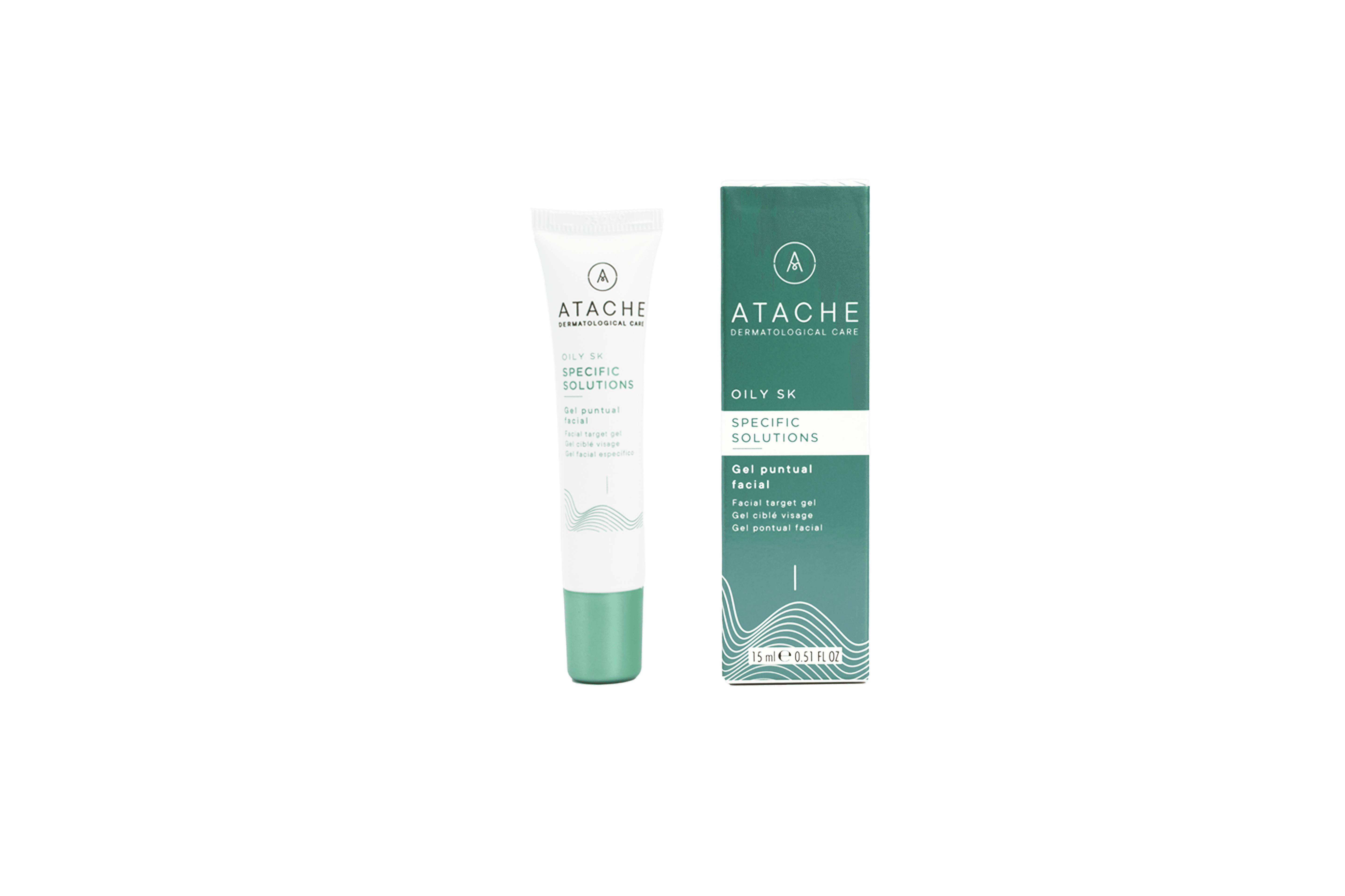 White tube of ATACHE Oily SK Spot Treatment Gel for Blemishes with green cap, featuring minimalist design and product details