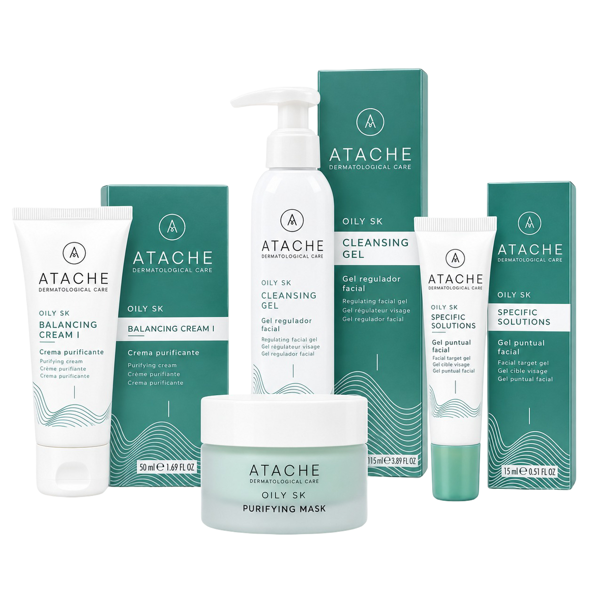 Set of Atache Oily SK skincare products including purifying mask, cleansing gel, balancing cream, and targeted solutions in green and white packaging