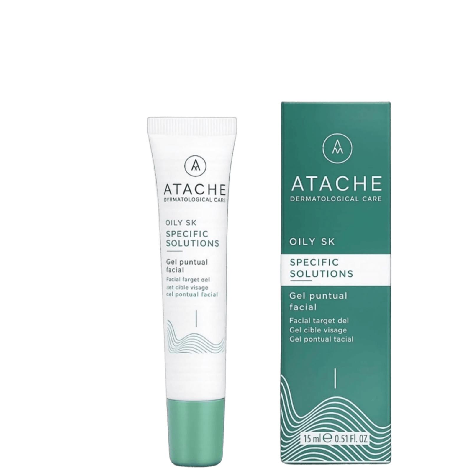 White tube of Atache Oily SK Spot Treatment Gel for Blemishes with black text and logo, next to green box packaging, 15 ml size