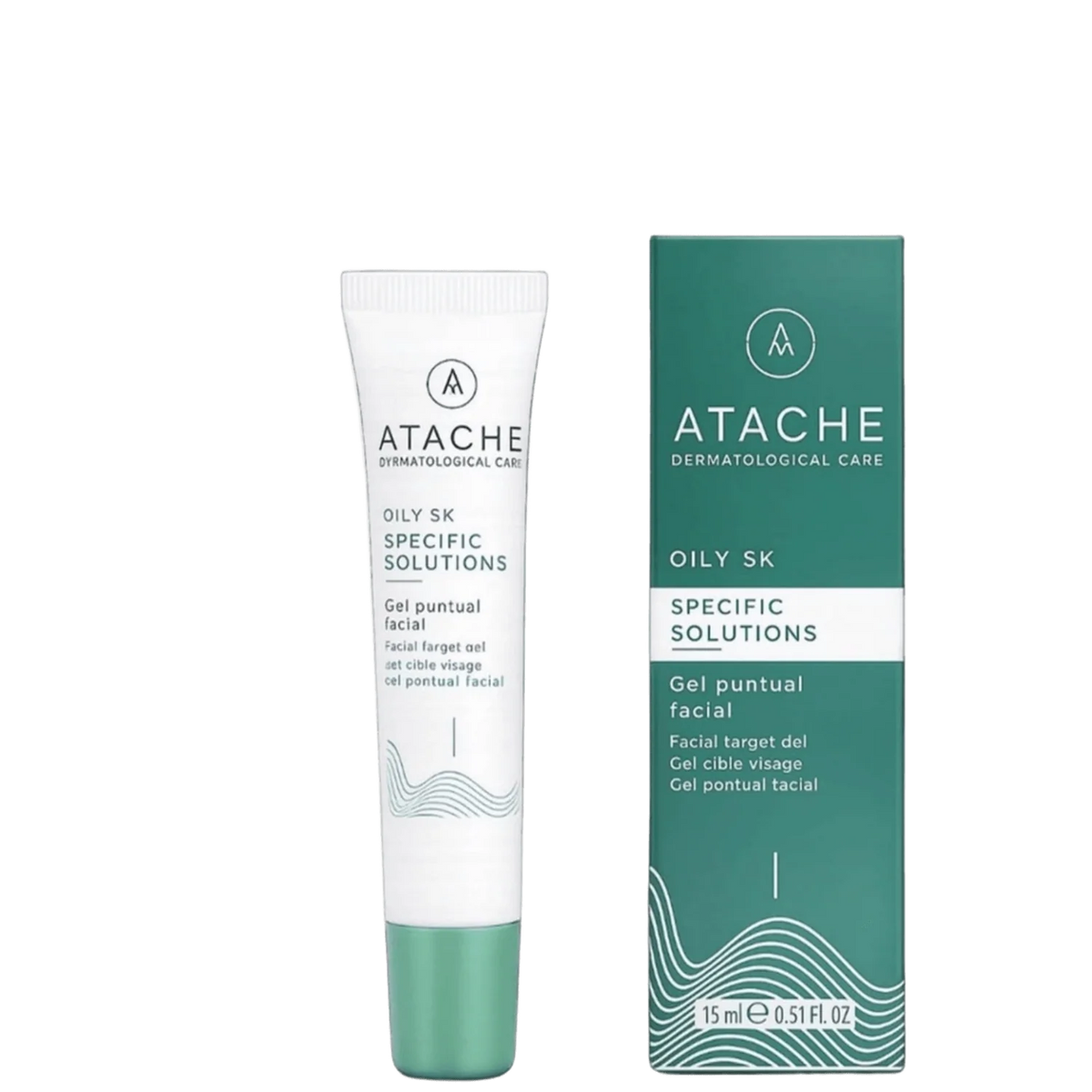 White skincare tube labeled Atache Oily SK Specific Solutions with green and black text, alongside matching green box, for oily skin care