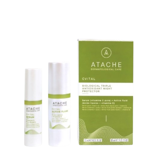 A skincare set from ATACHE Dermaceutical Care featuring a green and white product box and two white bottles with green labels: CVTial Serum, CVTial Active Fluid, and CVTial Night Protector.