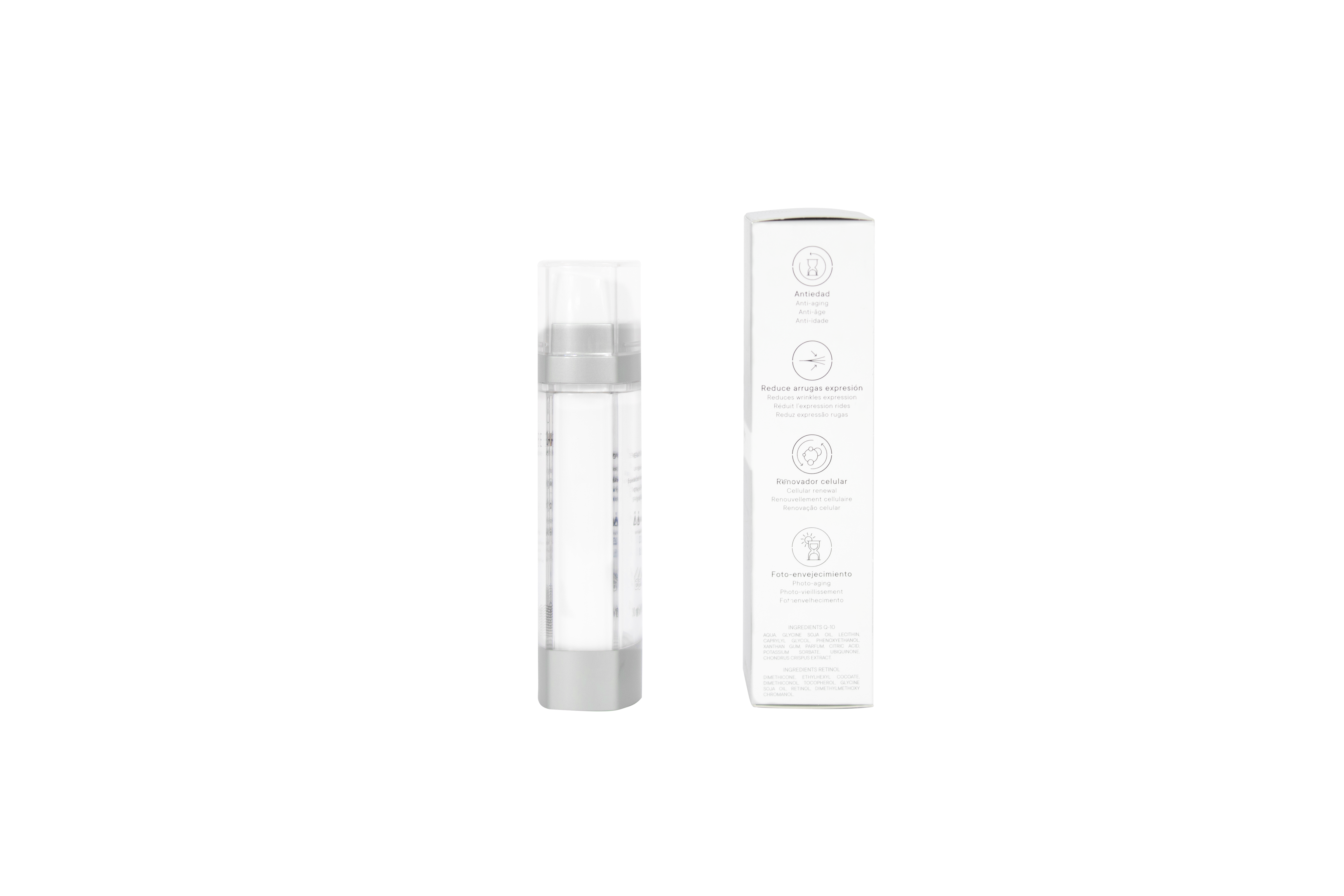 Clear glass facial serum bottle with white pump dispenser next to white box packaging with skincare icons and product details