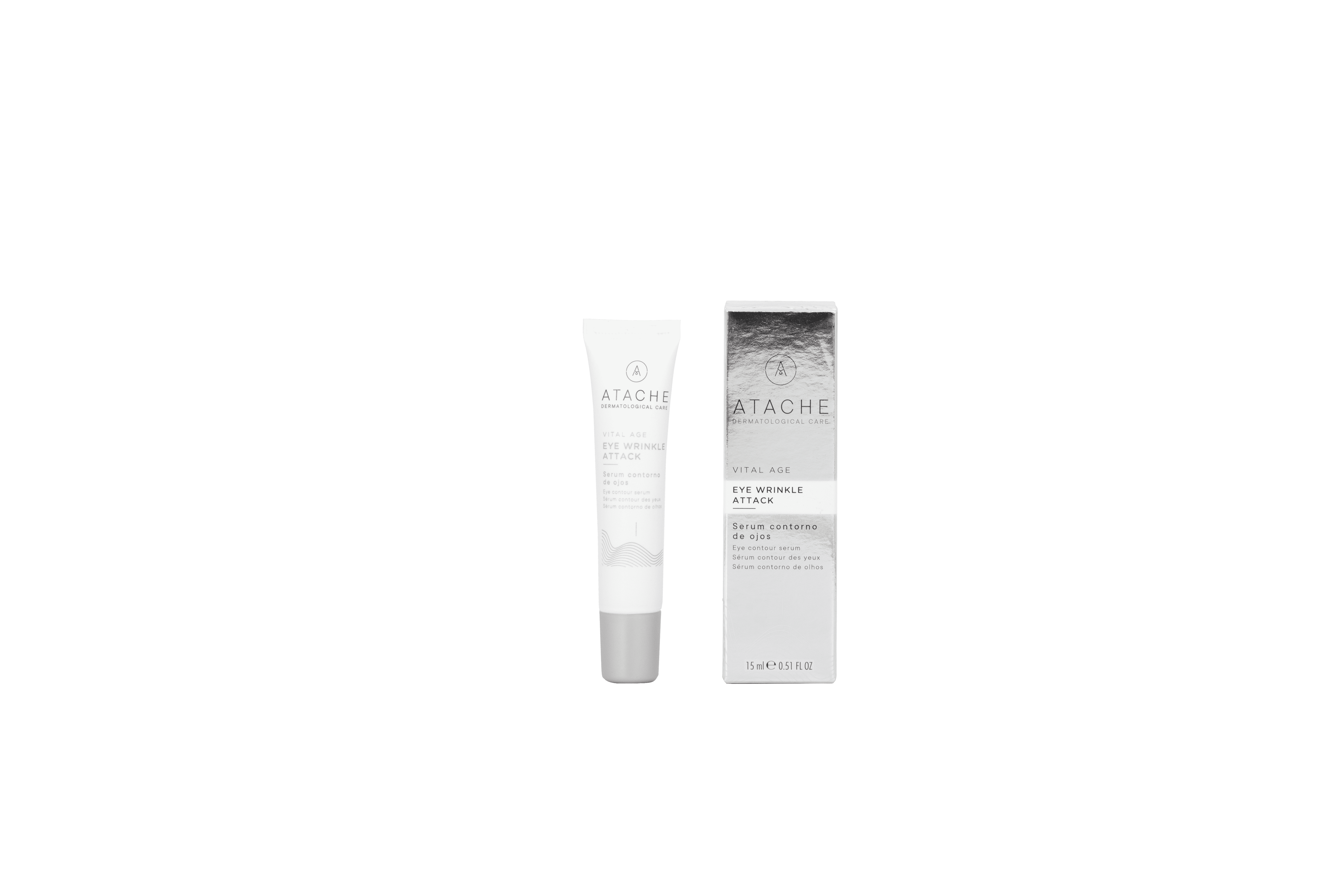 White tube of ATACHE Eye Wrinkle Serum with Retinol for youthful skin, sleek design, and minimalistic packaging, alongside its silver box