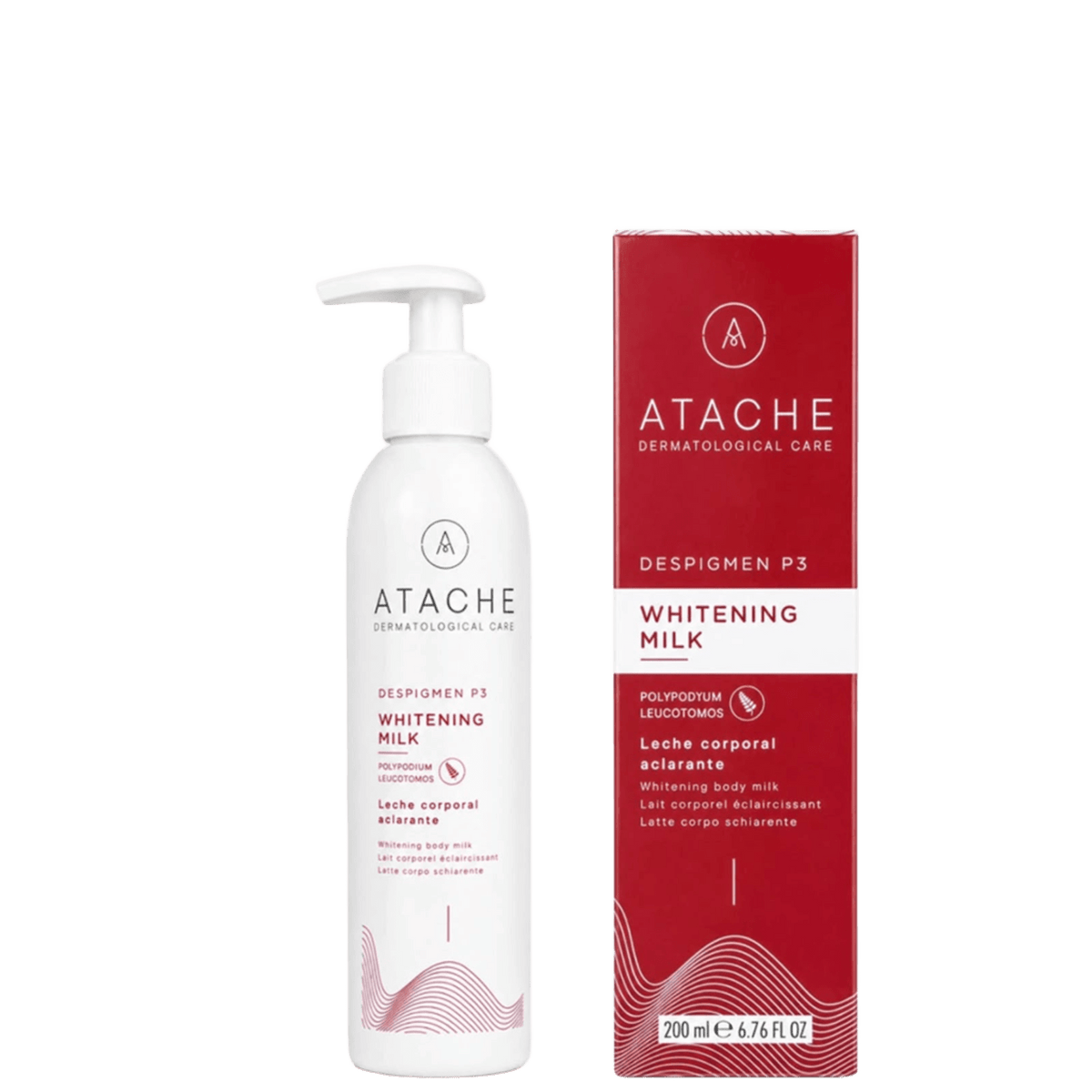 White bottle of Atache Despigmen P3 Whitening Body Milk with pump dispenser, minimalist design, and pink text, next to red box packaging