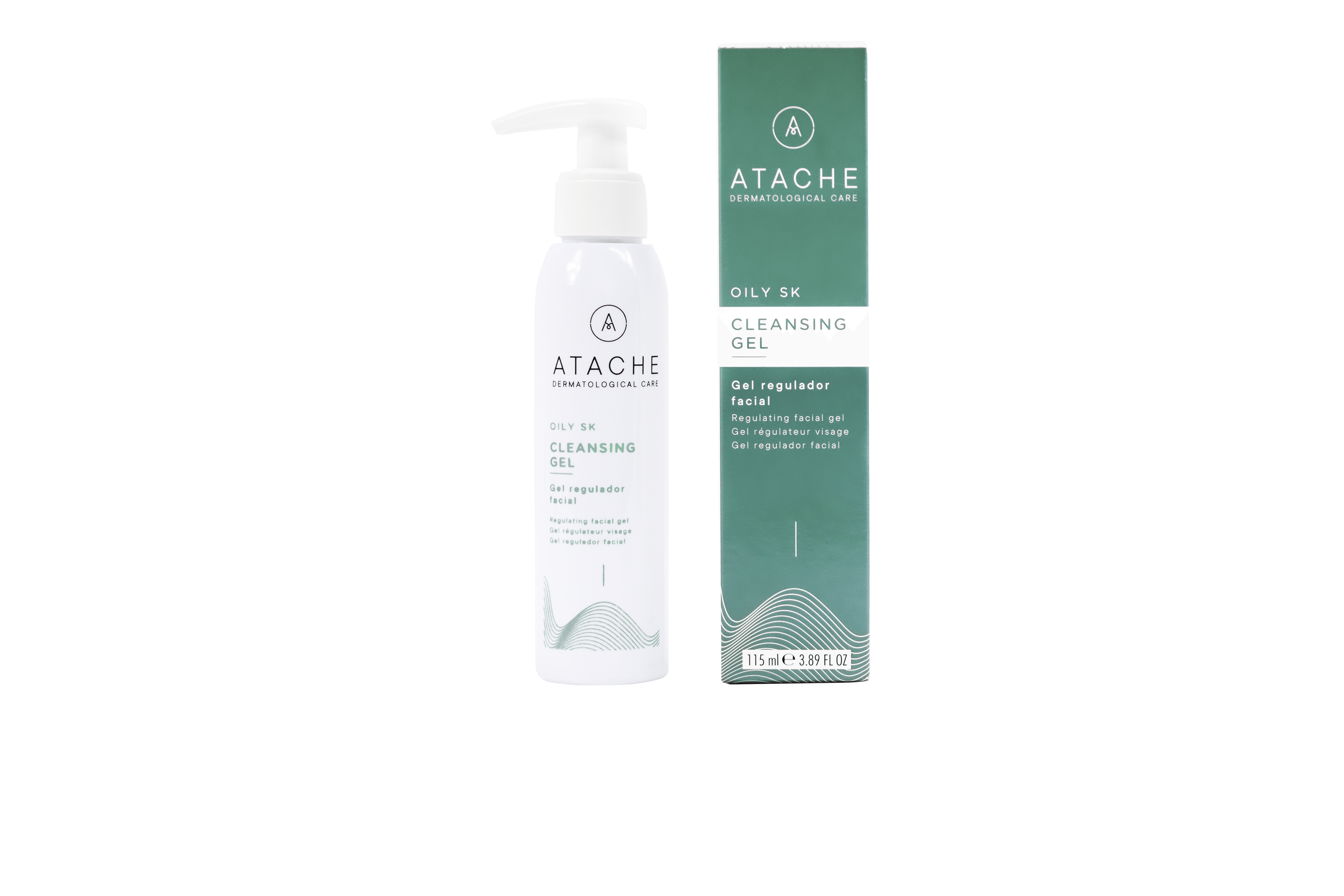 White facial cleansing gel bottle with pump dispenser and minimalist design, alongside green box packaging for oily skin, 115ml