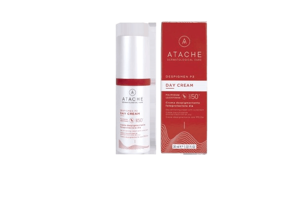 Atache dermatological day cream with SPF 50 in white and red packaging, featuring a pump dispenser for daily skincare protection