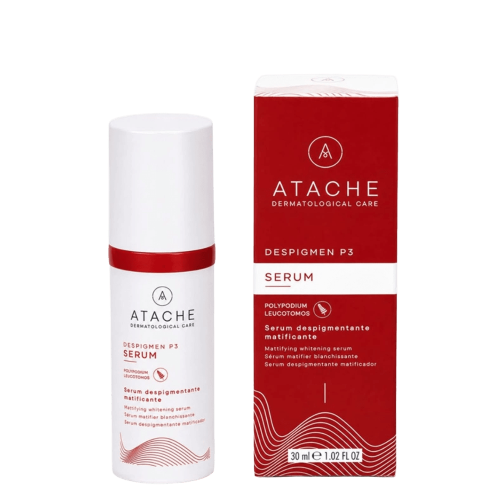White cylindrical facial serum bottle with red band and black logo, next to red and white box packaging for Atache Despigmen P3 whitening serum for oily skin, 30ml
