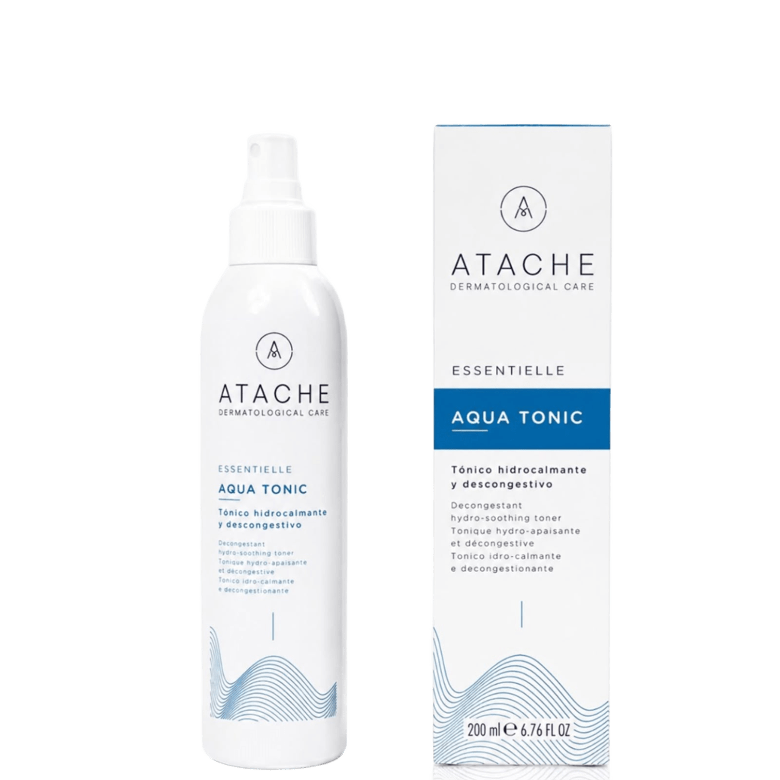 White bottle of Atache Essentielle Aqua Tonic hydrating facial toner with spray nozzle, packaging box with blue accents, 200 ml