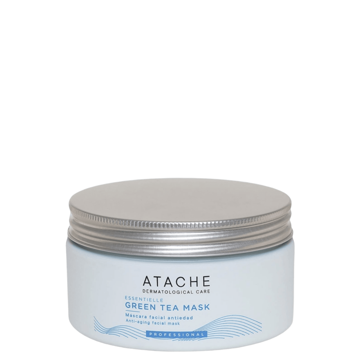 A white cosmetic jar of ATACHE Green Tea Mask with a metallic silver lid, set against a plain white background.