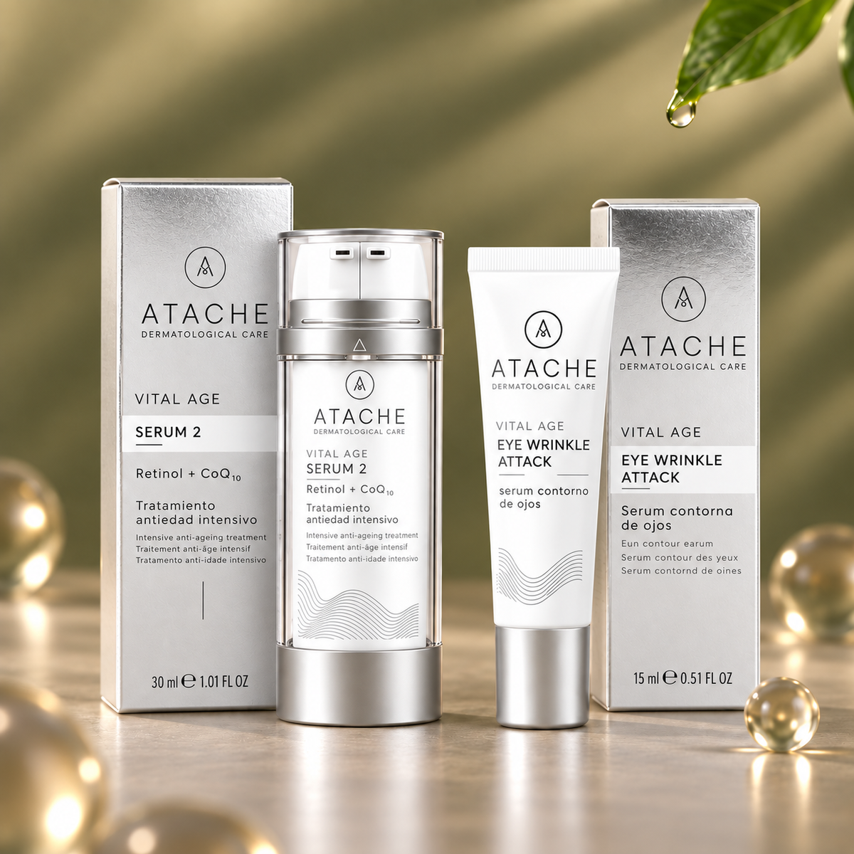 ATACHE Vital Age anti-aging skincare kit with serum and eye treatment in sleek silver packaging, set against a festive background with gold ornaments