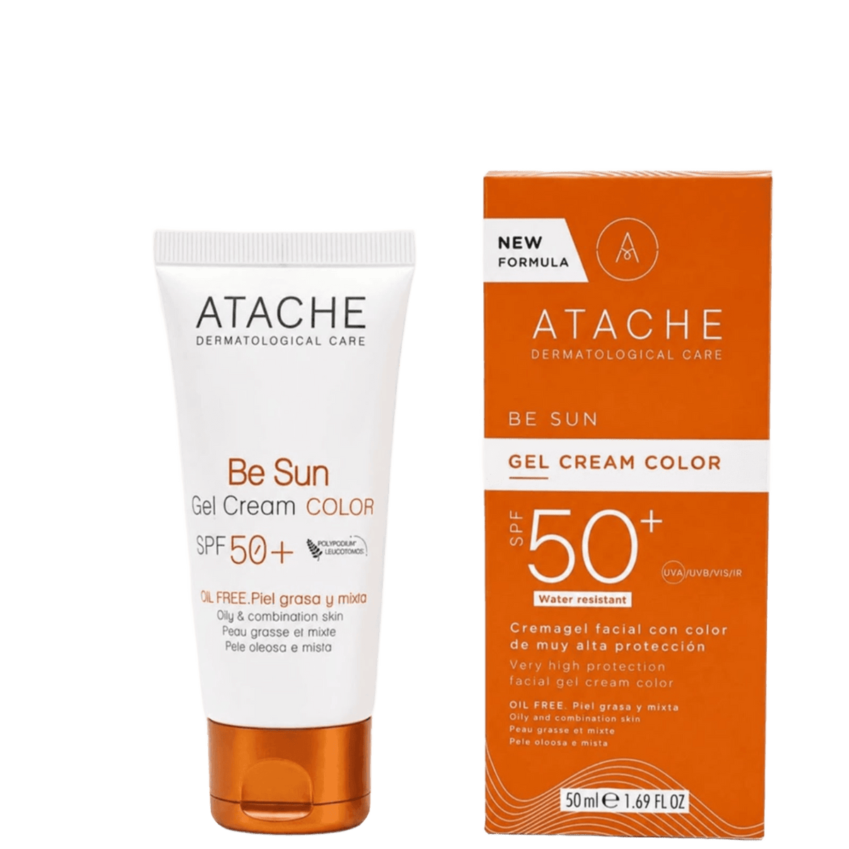 Atache Be Sun Gel Cream Color SPF50+ oil-free tinted facial sunscreen in white tube with orange cap, suitable for oily and combination skin