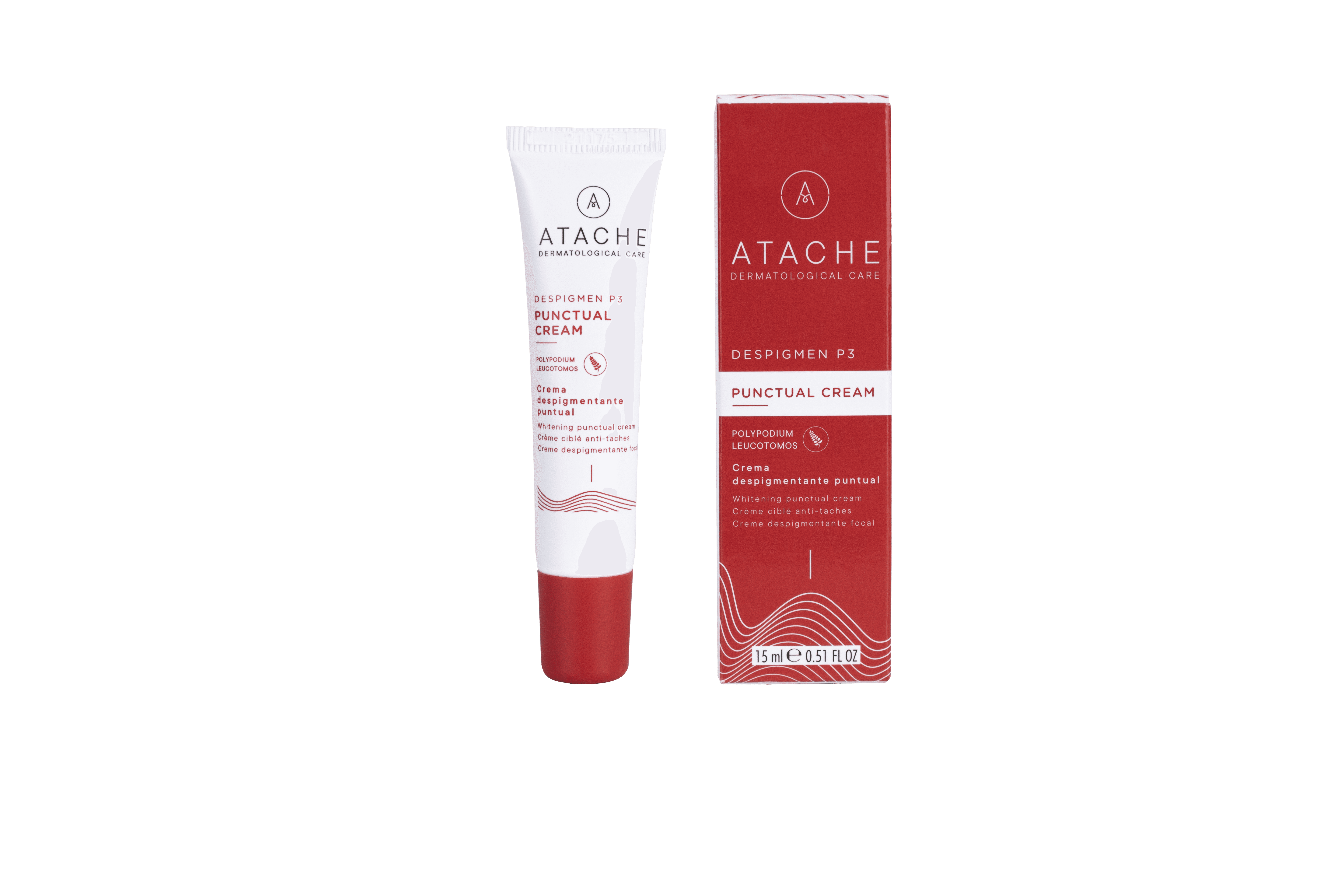 White tube of ATACHE depigmenting cream for dark spots with black logo and red accents, standing next to its red packaging box, 15 ml size