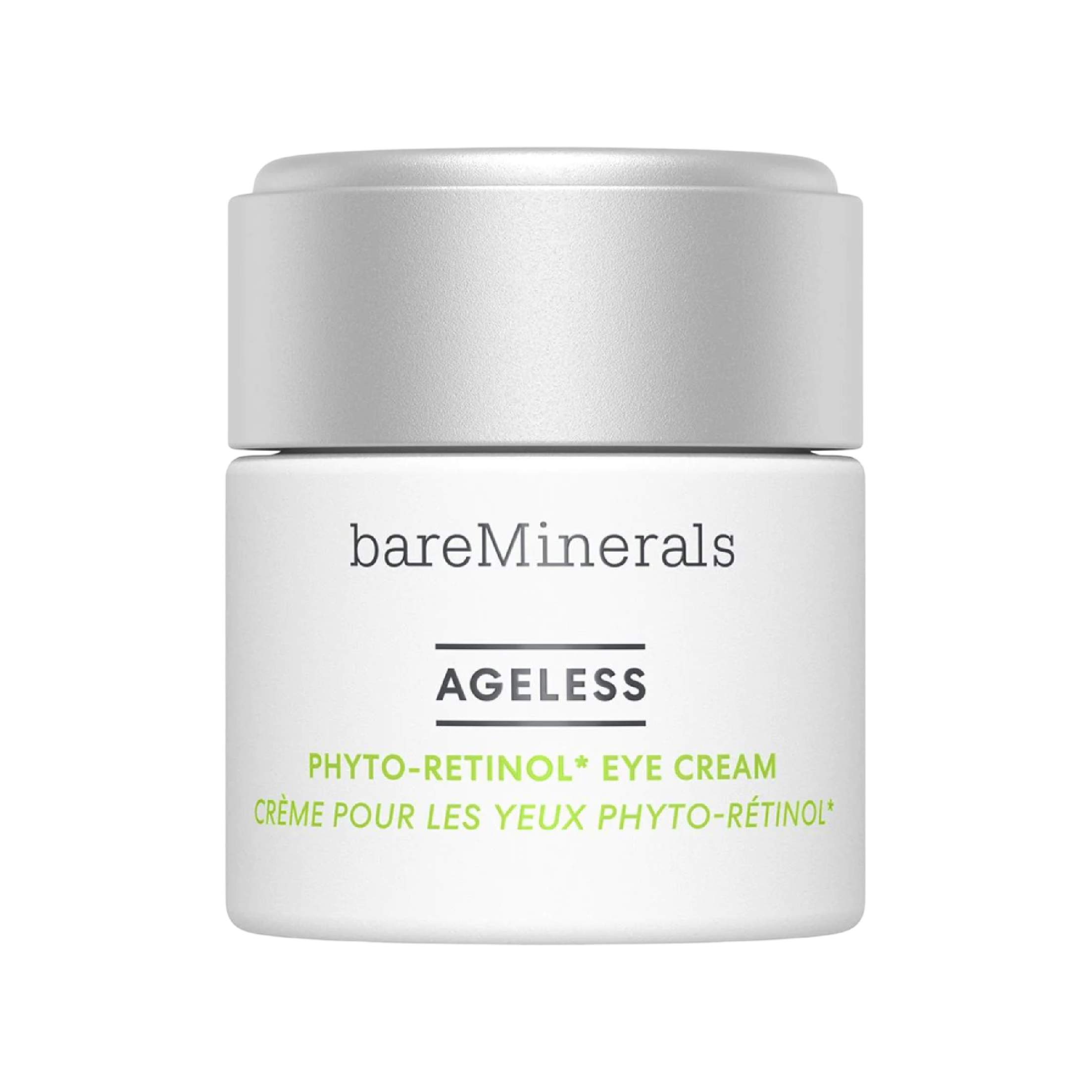 BareMinerals Ageless Phyto-Retinol Eye Cream 15 G in a sleek white jar with a silver lid. A vegan eye cream that reduces fine lines and puffiness without irritation.