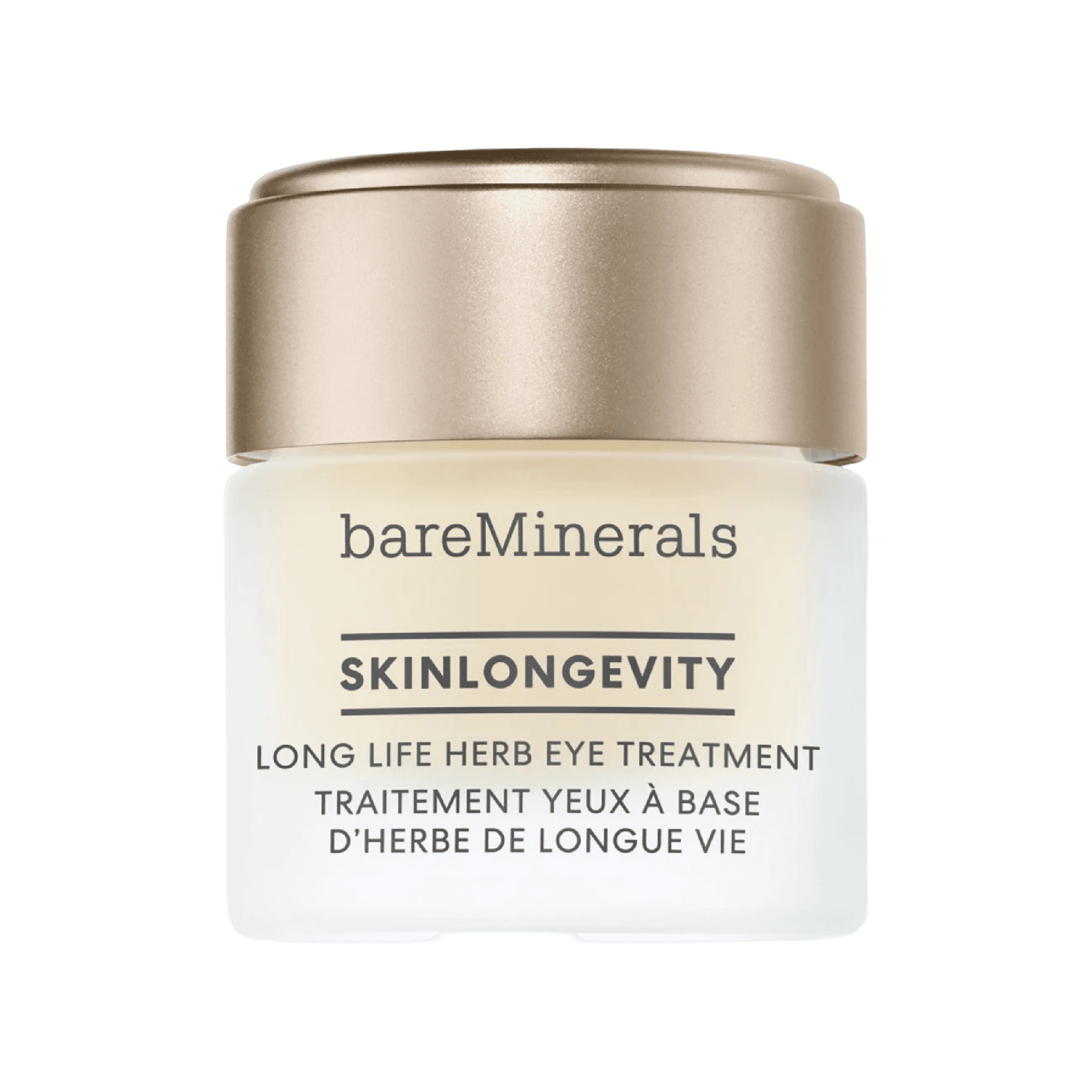 BareMinerals Skinlongevity Eye Treatment 15 G, a vegan anti-aging eye cream infused with Long Life Herb to reduce fine lines, wrinkles, and dark circles.