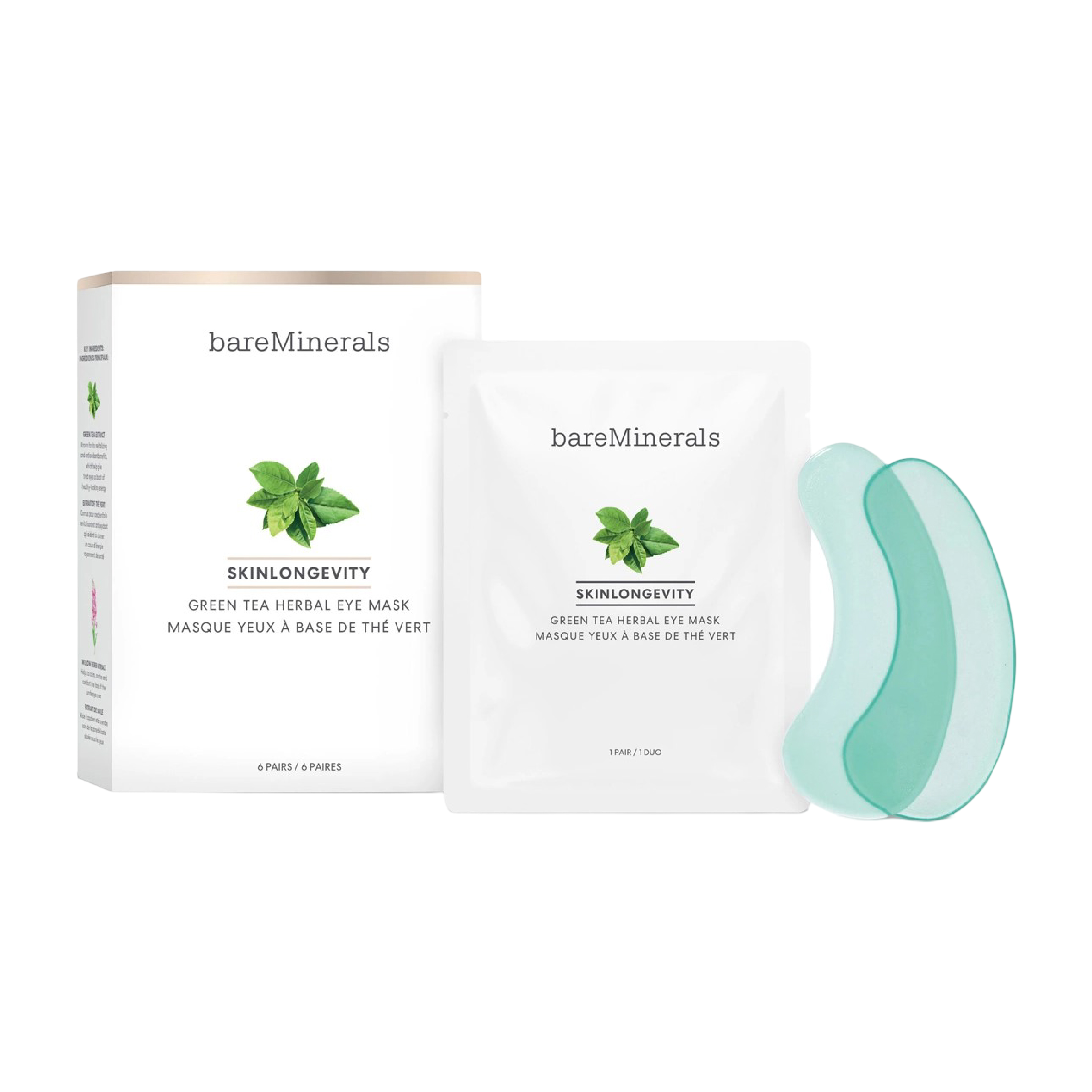 BareMinerals Skinlongevity Green Tea Herbal Eye Mask, a set of 6 pairs of hydro-gel under-eye masks. Infused with green tea and calming herbs to reduce puffiness, redness, and fine lines while hydrating sensitive skin.
