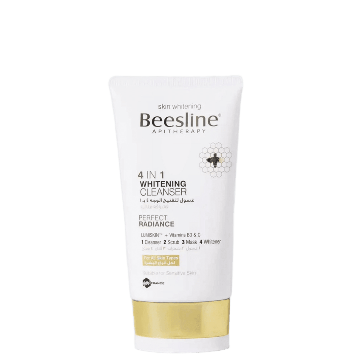 White tube of Beesline skin whitening facial cleanser with honeybee logo, gold cap, and detailed product description for radiant skin