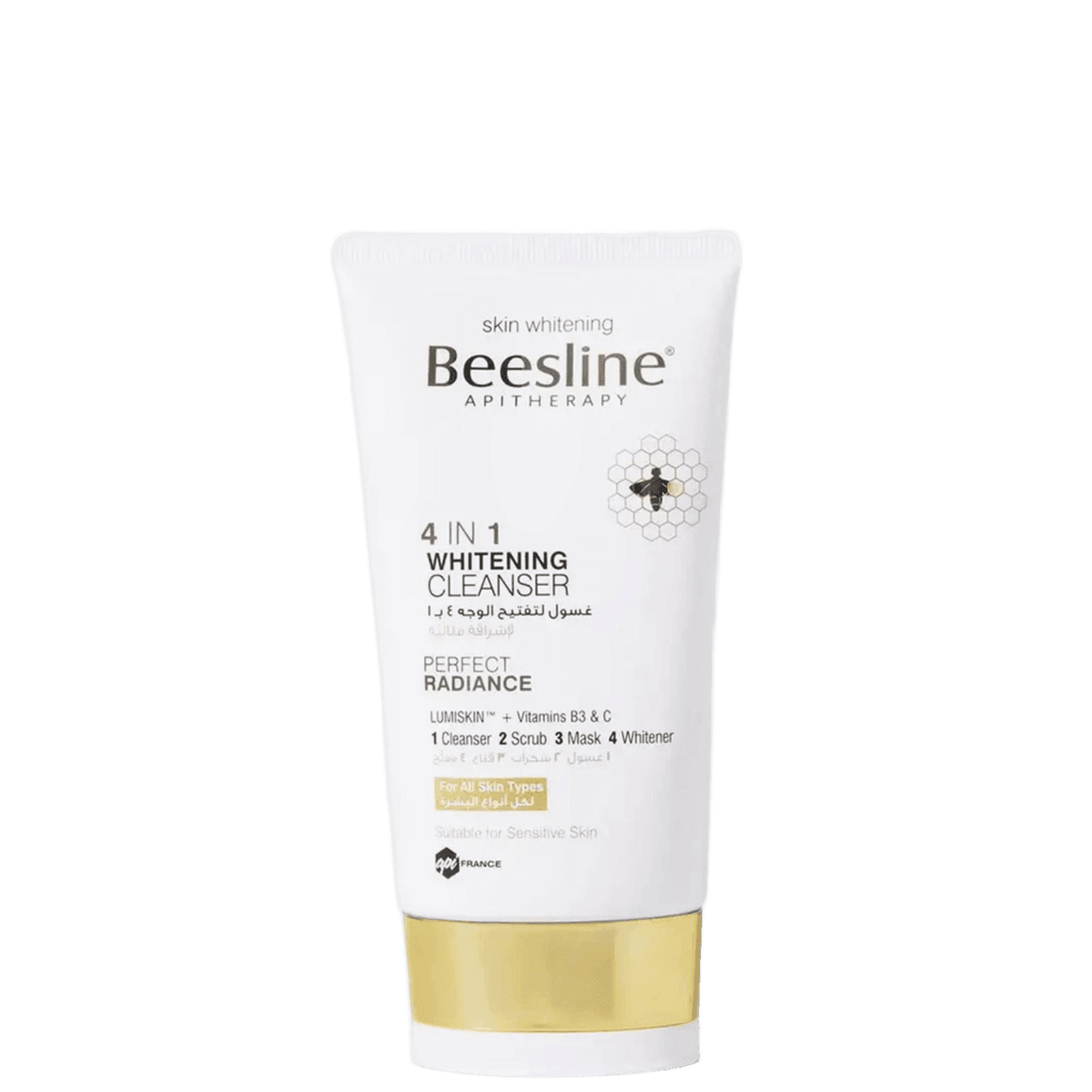 White tube of Beesline skin whitening facial cleanser with honeybee logo, gold cap, and detailed product description for radiant skin