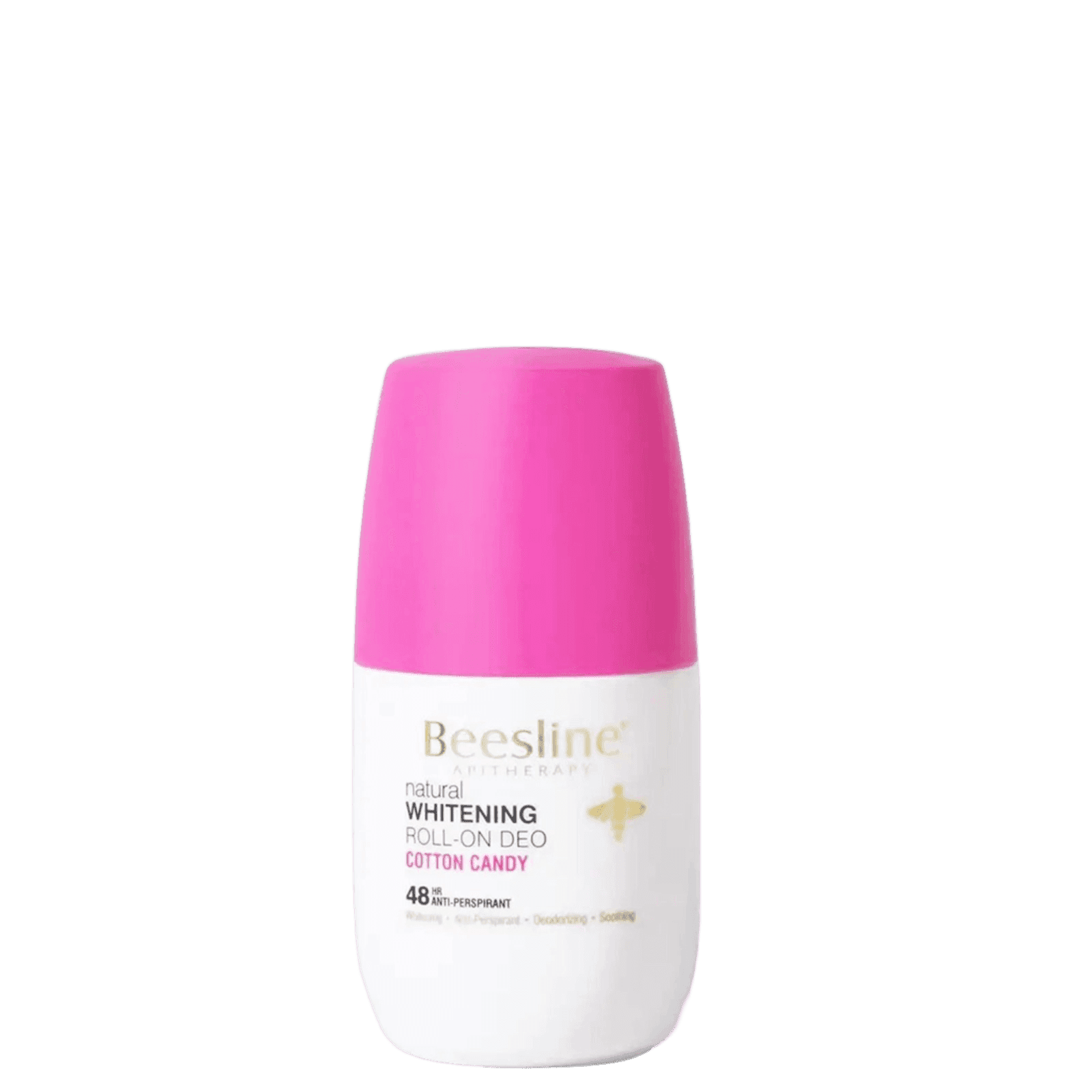 Beesline Whitening Roll On Deo in Cotton Candy scent, featuring a white bottle with a vibrant pink cap and gold lettering.