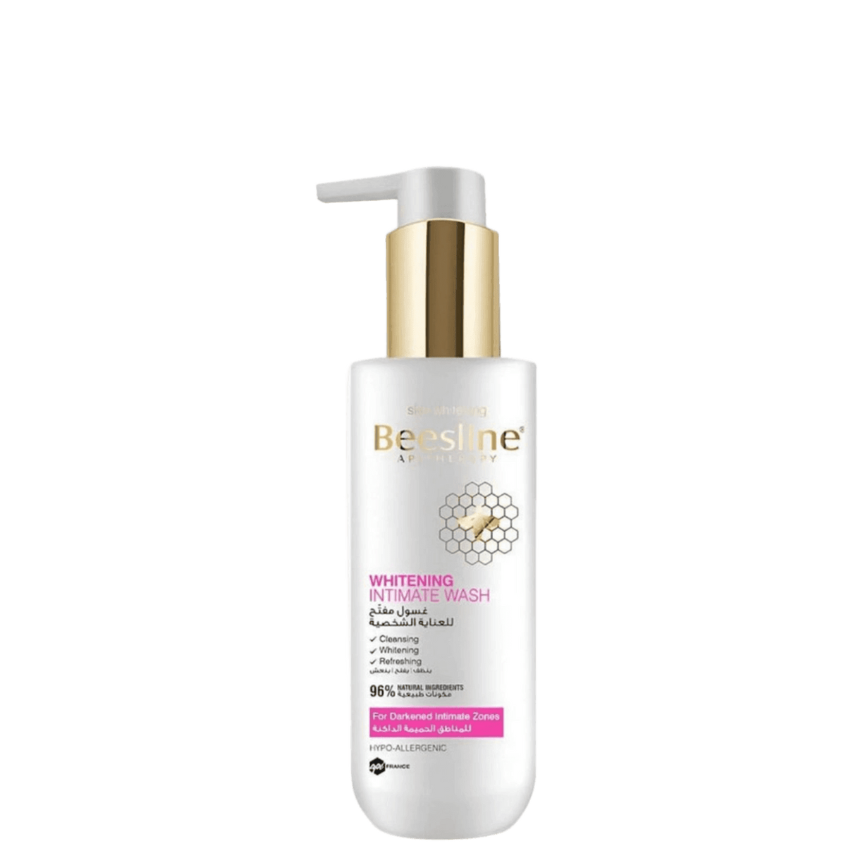 Beesline Whitening Intimate Wash in a white pump bottle with a gold collar and white pump, on a solid white background.