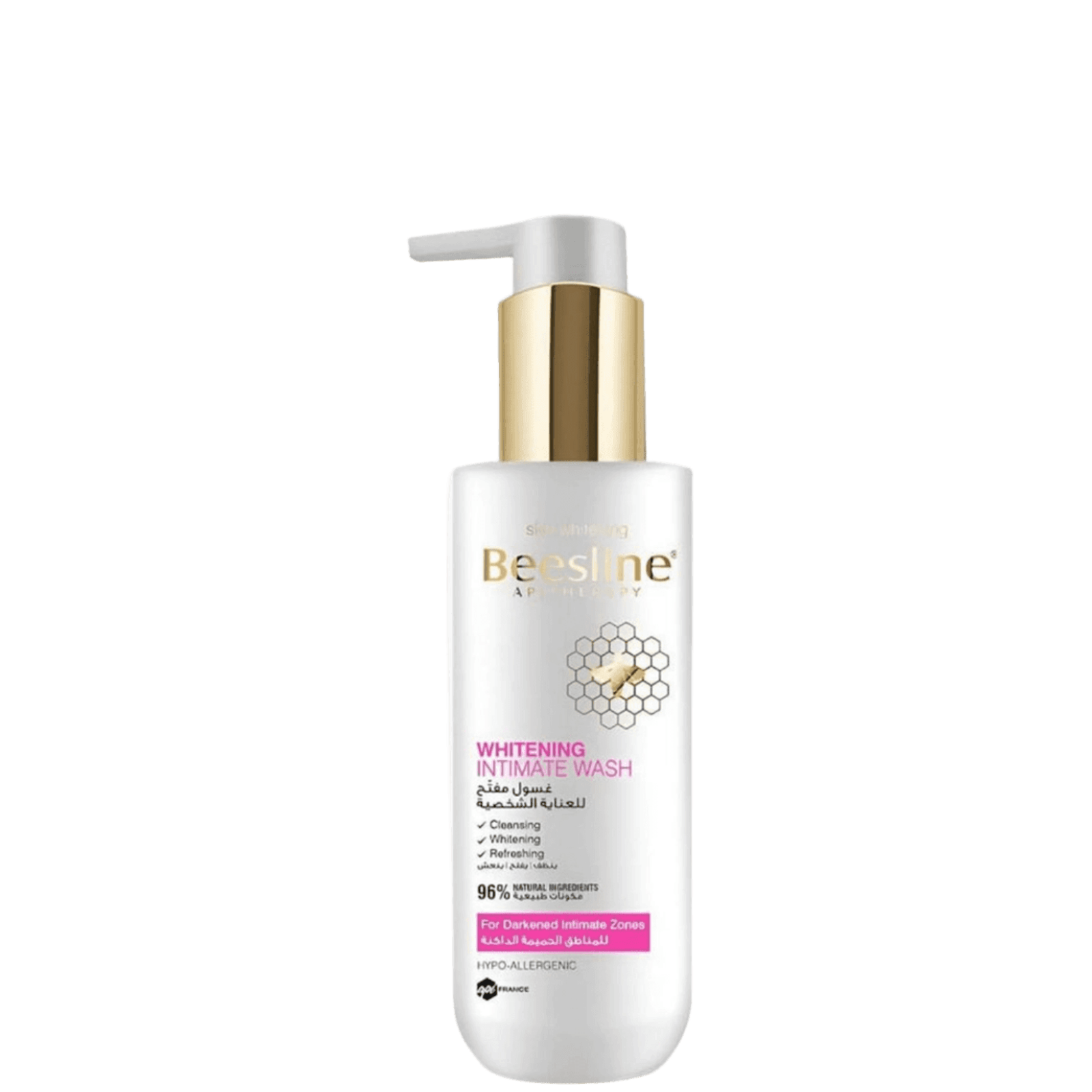 Beesline Whitening Intimate Wash in a white pump bottle with a gold collar and white pump, on a solid white background.
