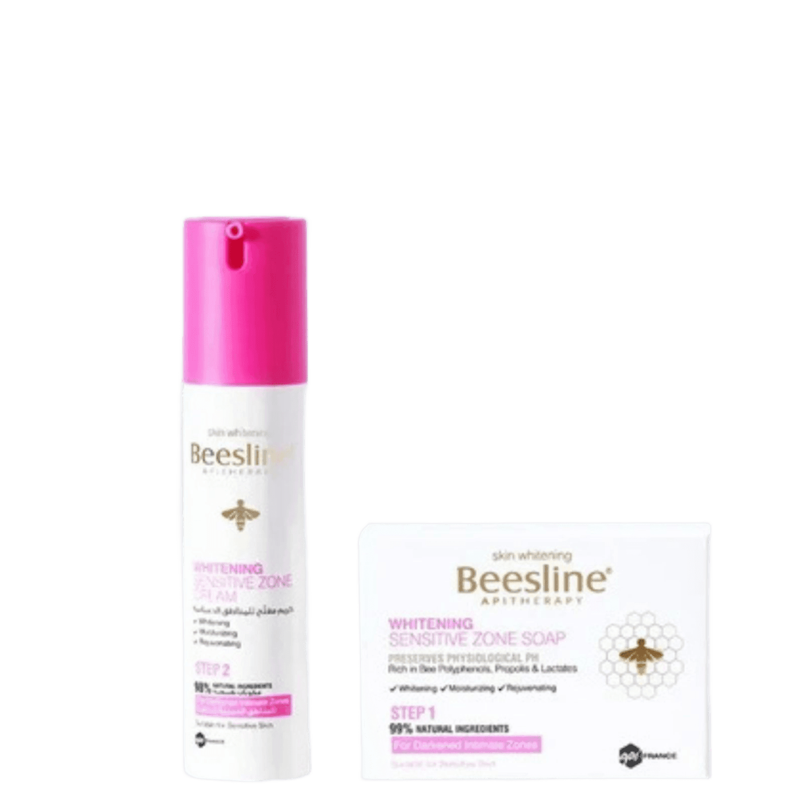 Beesline skin whitening cream with pink cap, designed for sensitive areas, in white and pink packaging, ideal for even skin tone