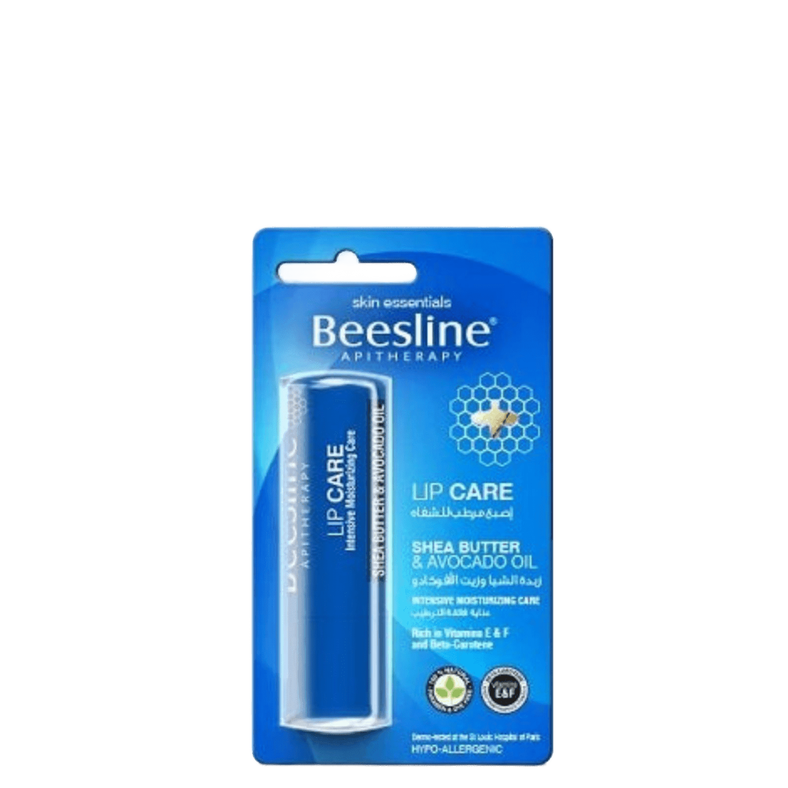 Beesline Lip Care with Shea Butter and Avocado Oil 4g in blue packaging, containing natural ingredients for moisturizing and healing dry lips