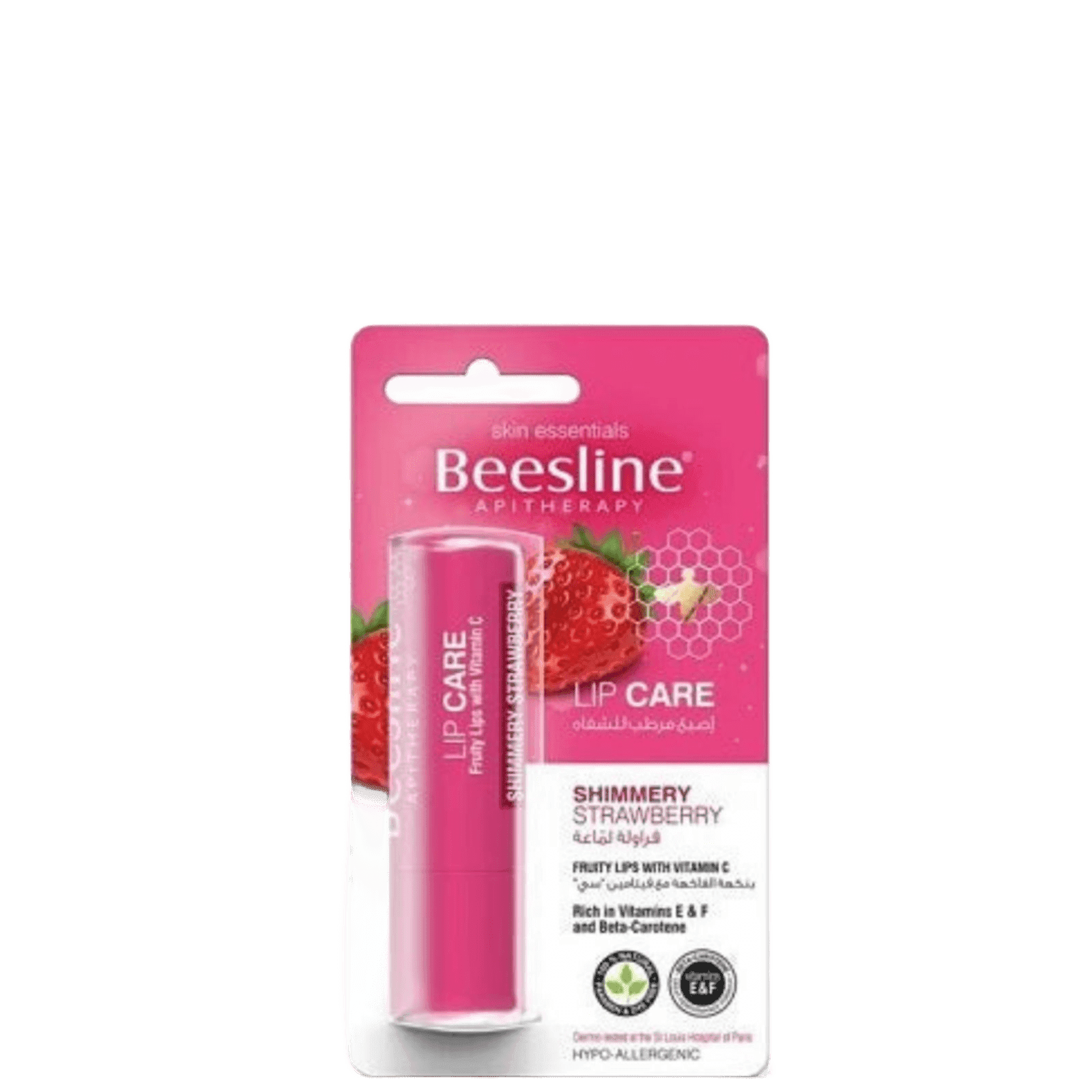 Pink packaging of Beesline Shimmery Strawberry lip balm with images of strawberries, highlighting moisturizing and protective benefits