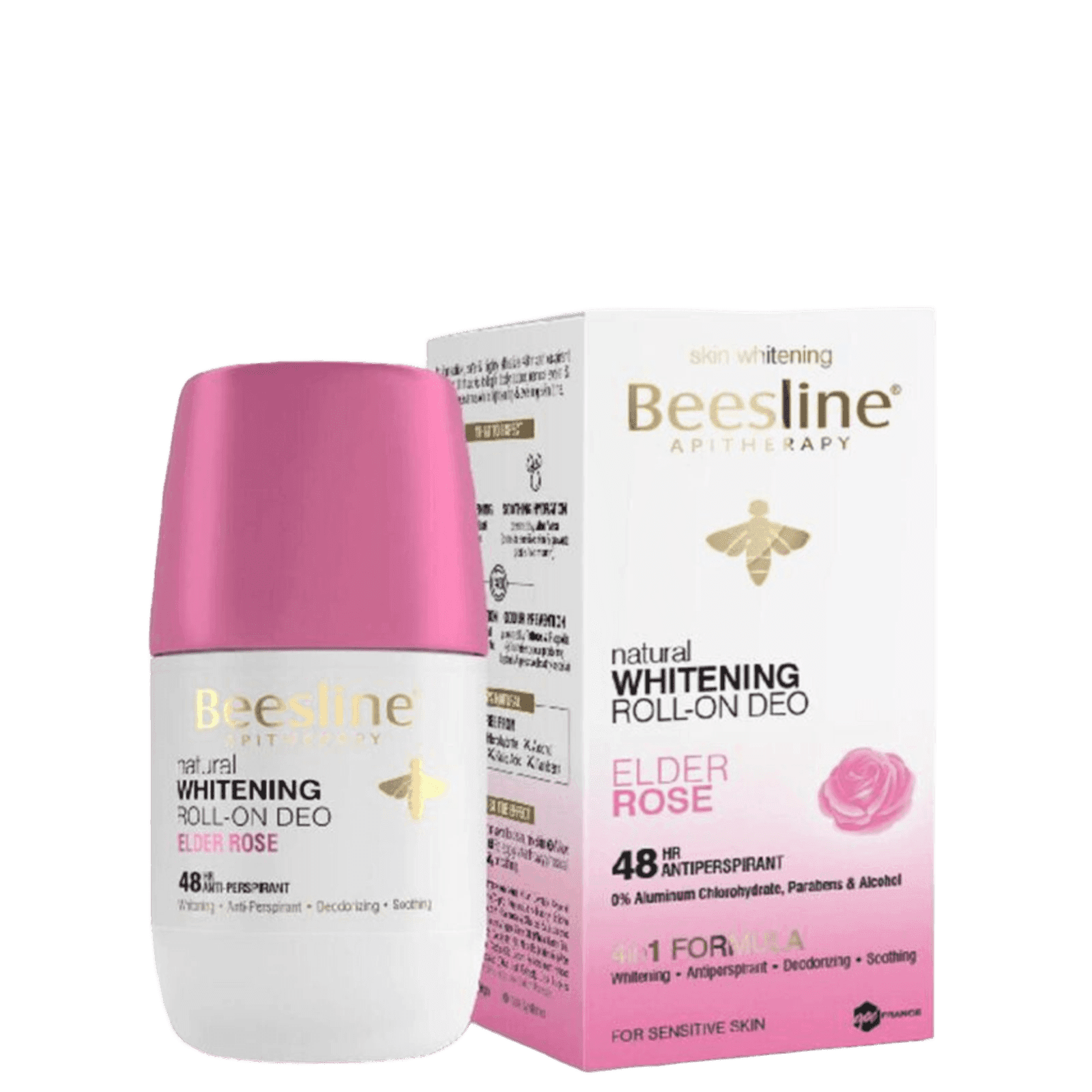 Pink and white Beesline Skin Lightening Deodorant roll-on with elder rose scent, 48-hour anti-perspirant for sensitive skin, in packaging