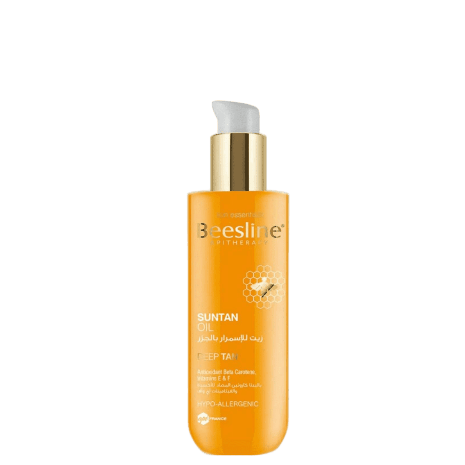 Beesline Sun Tan Oil for body protection in orange bottle with white pump, contains beta-carotene and vitamins, hypoallergenic, 200ml
