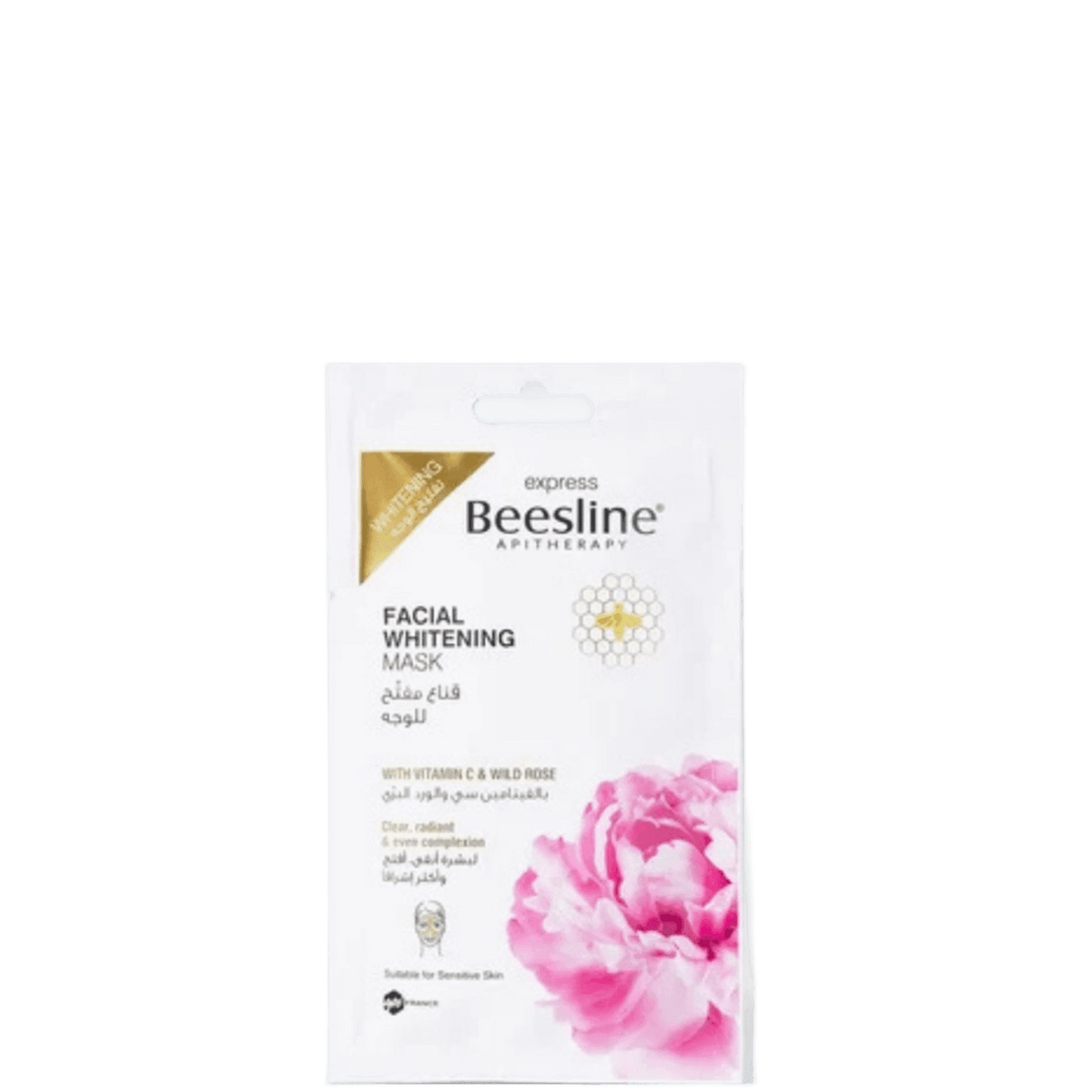 Beesline facial whitening mask packaging with pink peony flower illustration, white background, and gold accents, for brightening skin