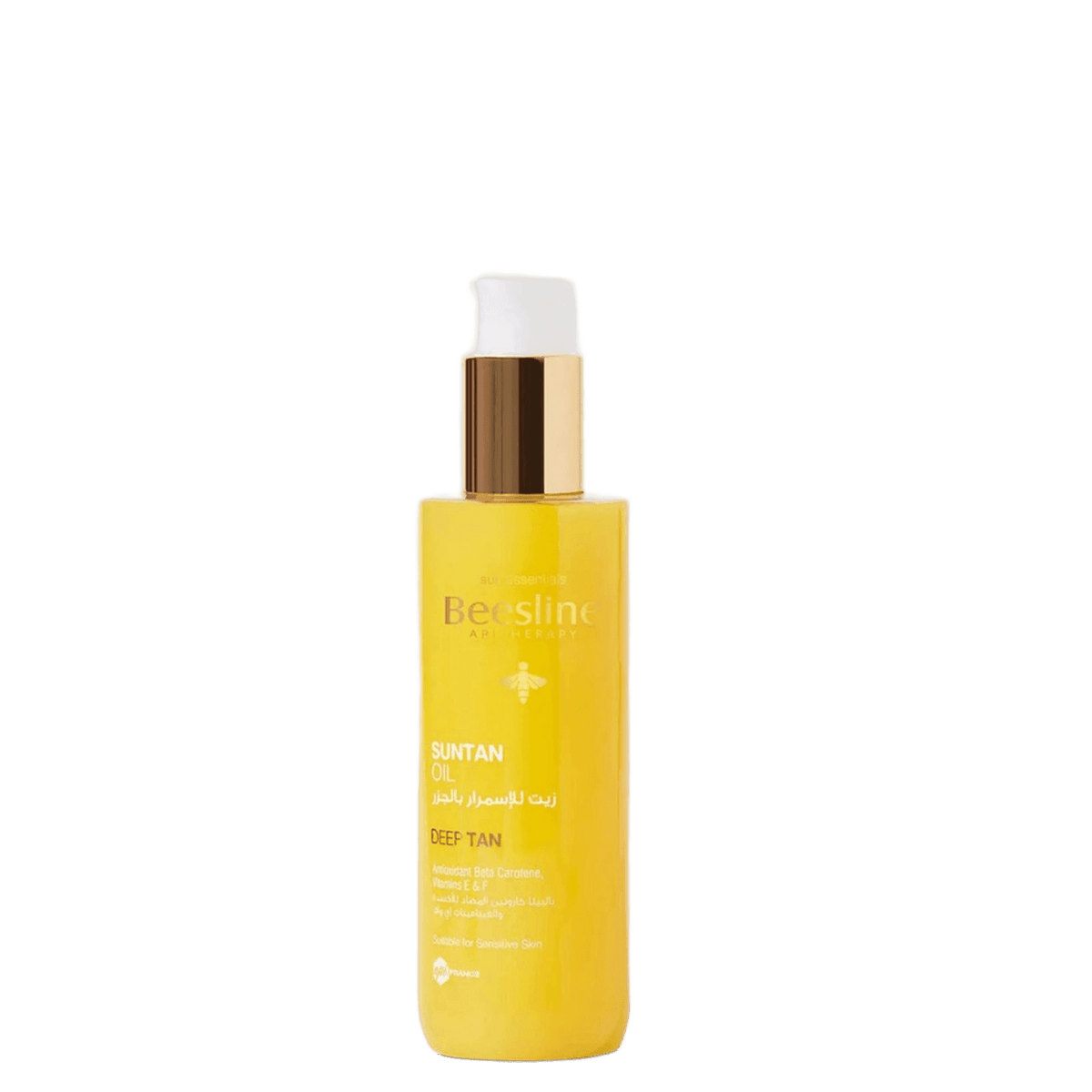 Yellow Beesline Carrot Oil for Tanning sunblock bottle with gold pump dispenser, hydration and skin nourishment, deep tan formula, SKU: 12345