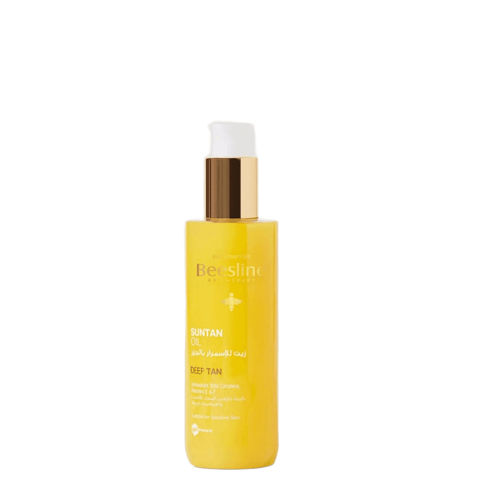 Yellow Beesline Carrot Oil for Tanning sunblock bottle with gold pump dispenser, hydration and skin nourishment, deep tan formula, SKU: 12345