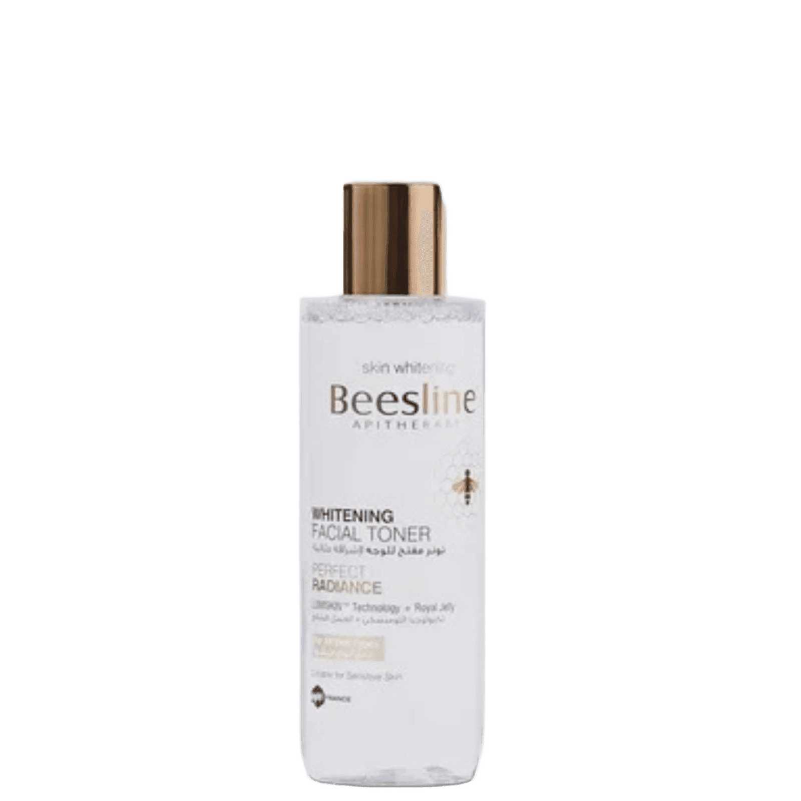 Beesline Brightening Toner for Even Skin Tone in a white bottle with gold cap, labeled for facial toner, skin brightening, and hydration, SKU: 12345