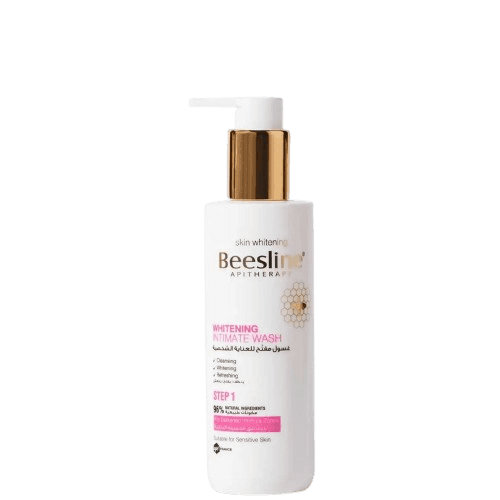 White Beesline Intimate Whitening Wash for Moisturizing bottle with pump dispenser, gold accents, and skin care labeling for sensitive areas
