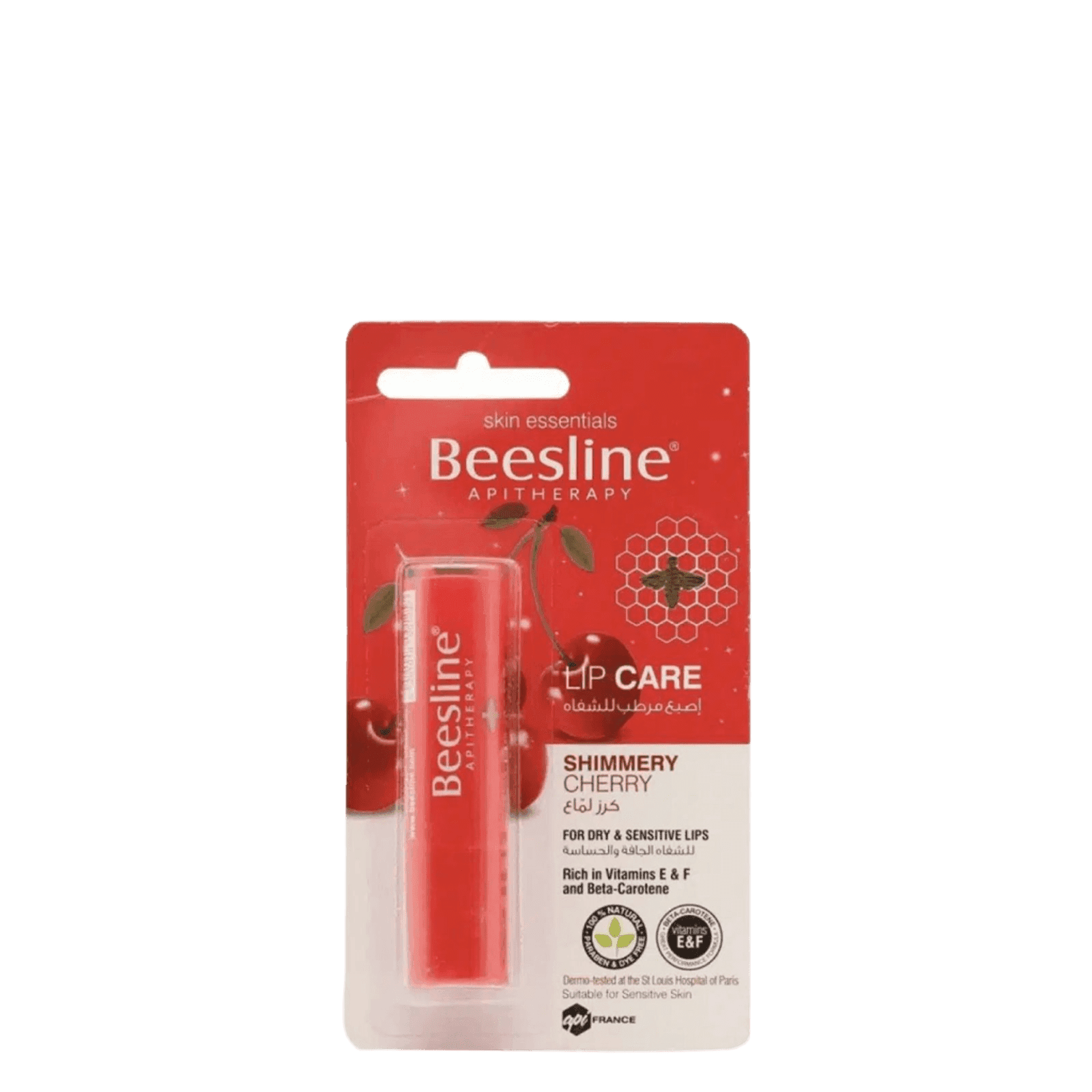 Red Beesline lip balm packaging with cherry flavor, designed for dry and sensitive lips, enriched with vitamins E and F, in a slim tube